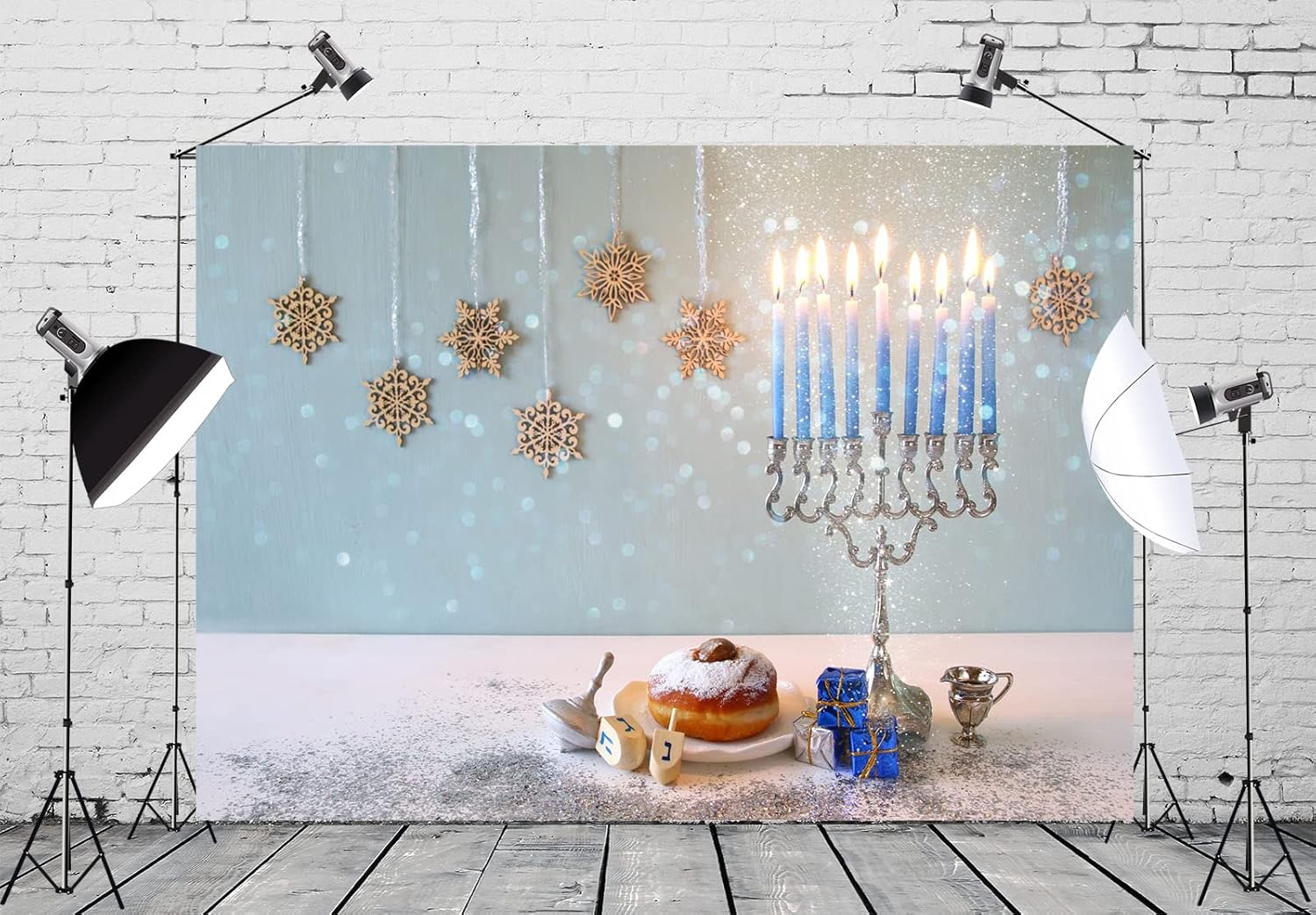 BELECO 8x6ft Hanukkah Backdrop with Silver Glitter Bokeh Lights