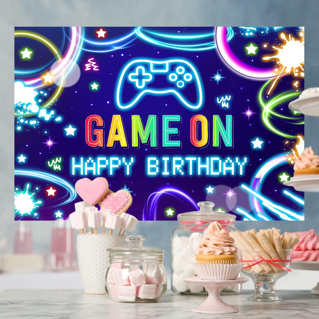 Lofaris 5x3ft Gamer Birthday Backdrop Black and Blue