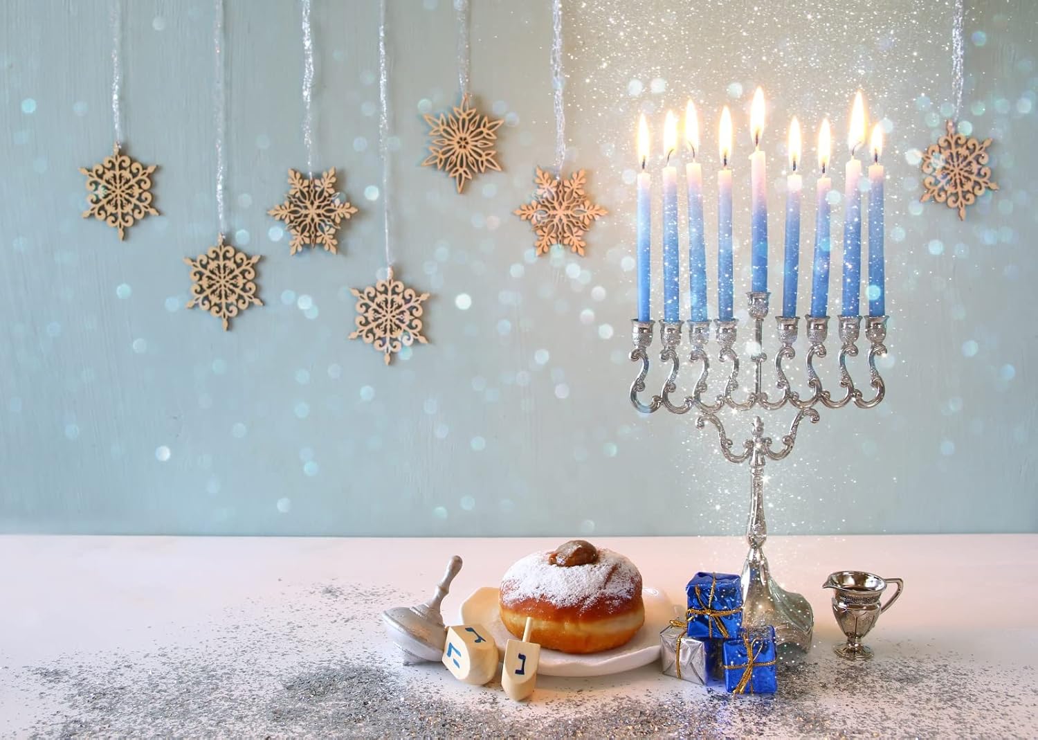 BELECO 8x6ft Hanukkah Backdrop with Silver Glitter Bokeh Lights