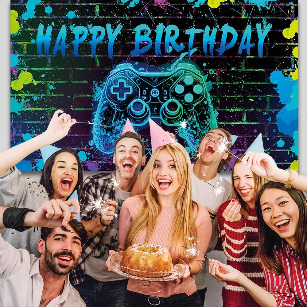 Video Game Birthday Backdrop with Ropes 72x44 Inch