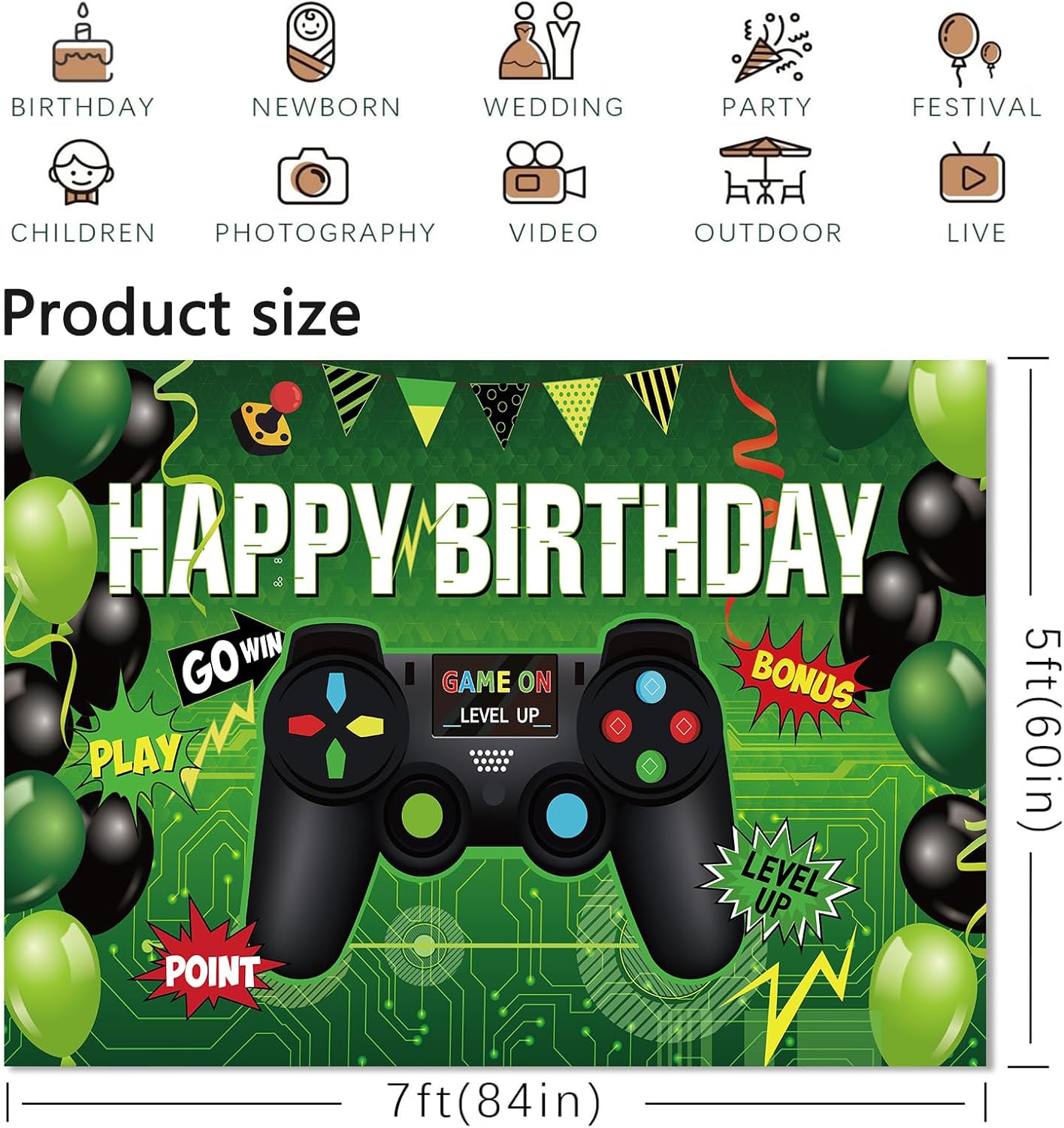 Level Up Gamer Birthday Party Backdrop 7x5ft