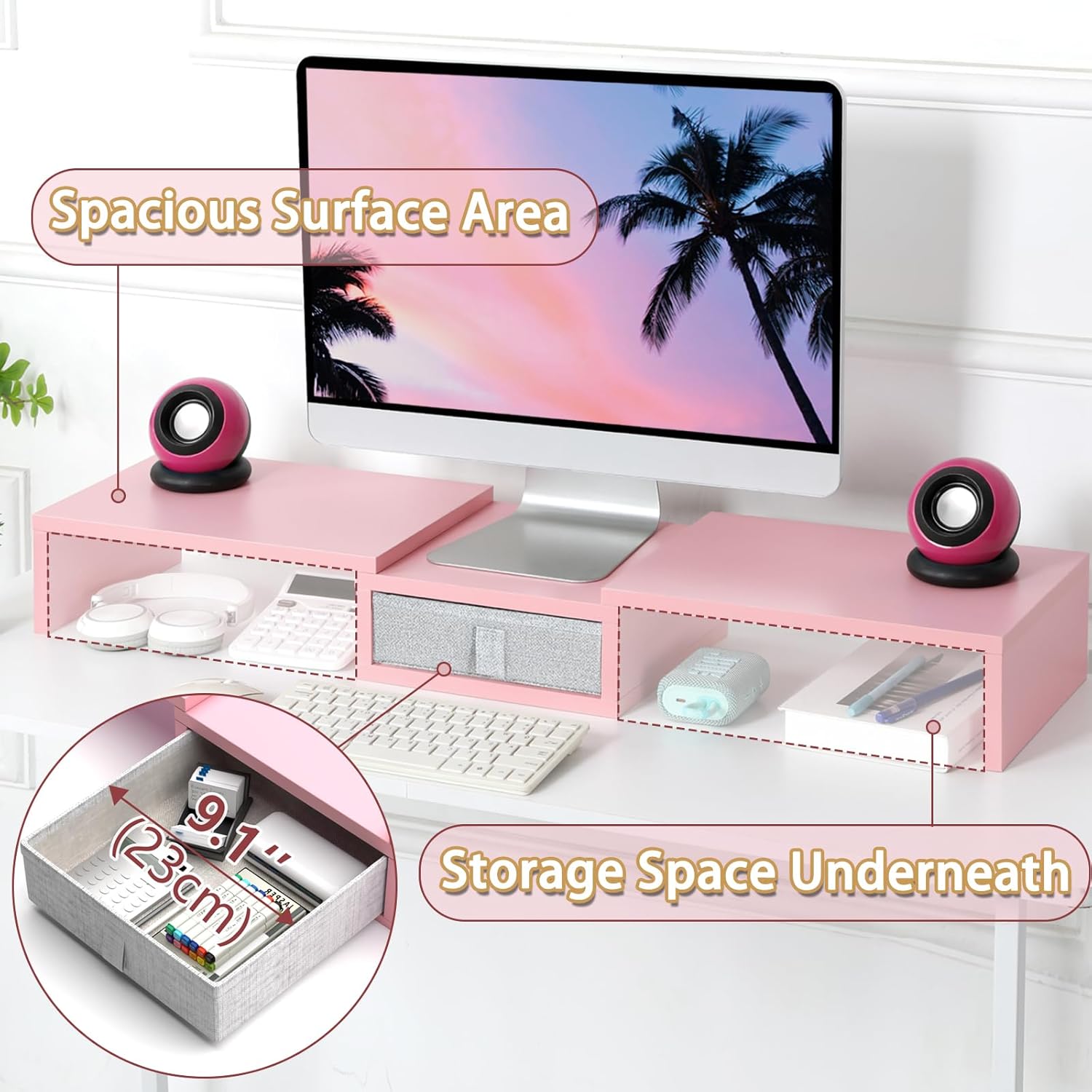 TEAMIX Pink Dual Monitor Stand Riser with Drawer