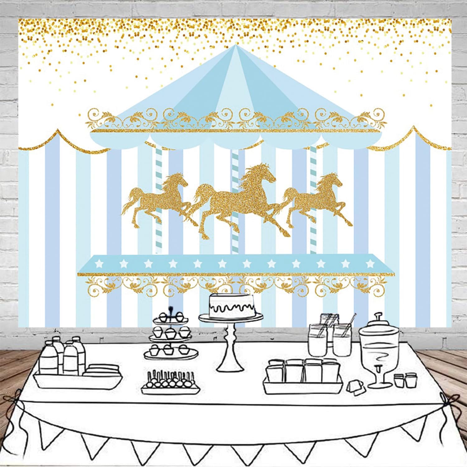 7x5ft Blue Gold Stripe Carousel Birthday Party Backdrop