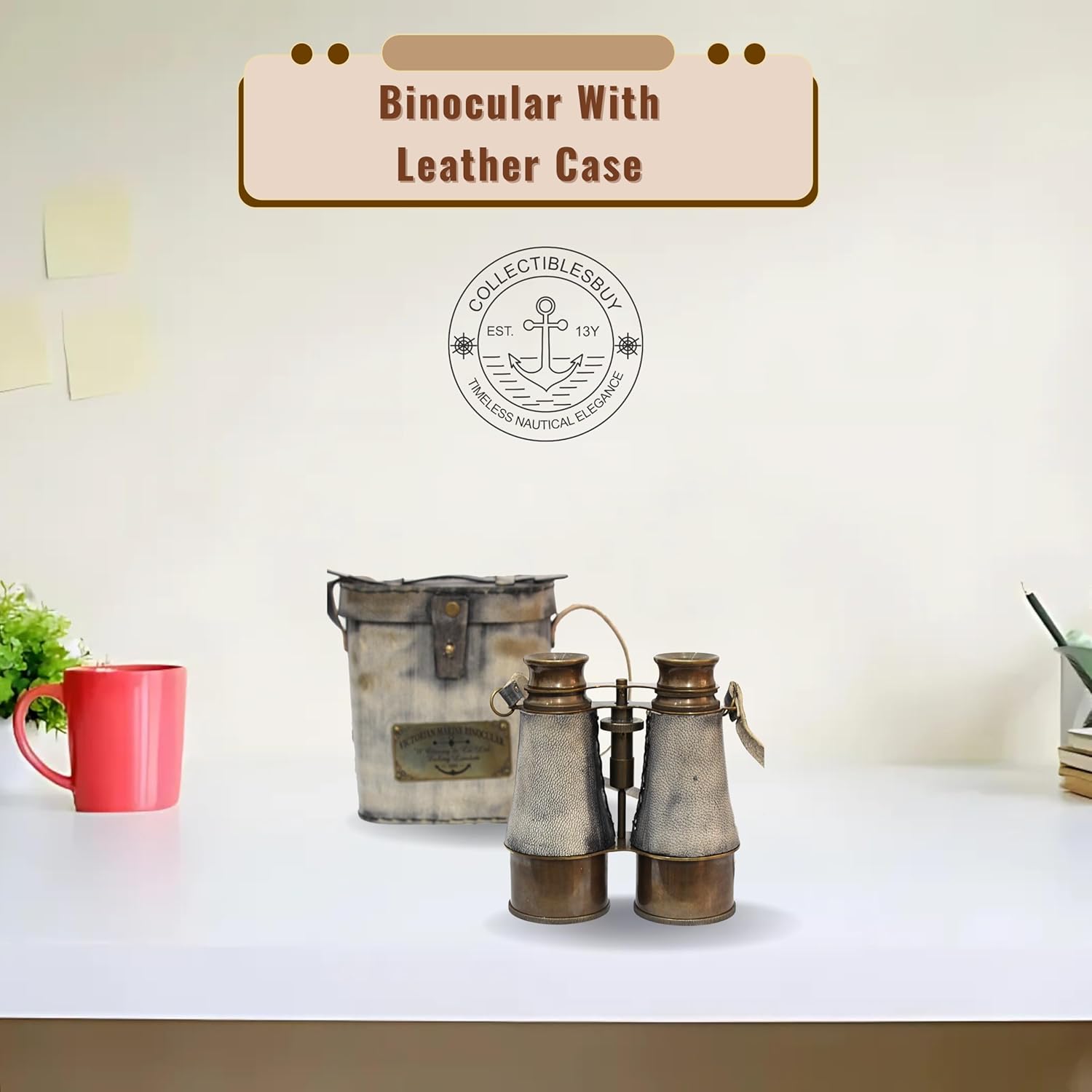 Brass Binocular with Leather Case and 15X Magnification