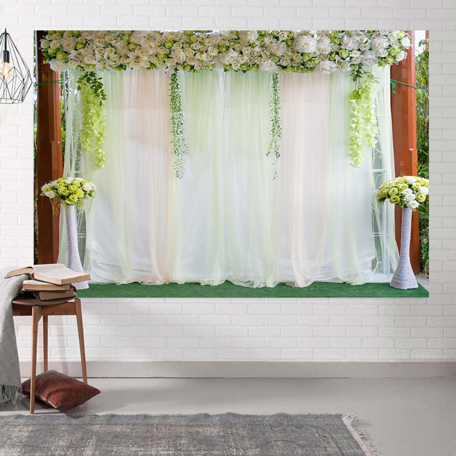 10x8ft White Flowers Green Leaves Wedding Backdrop