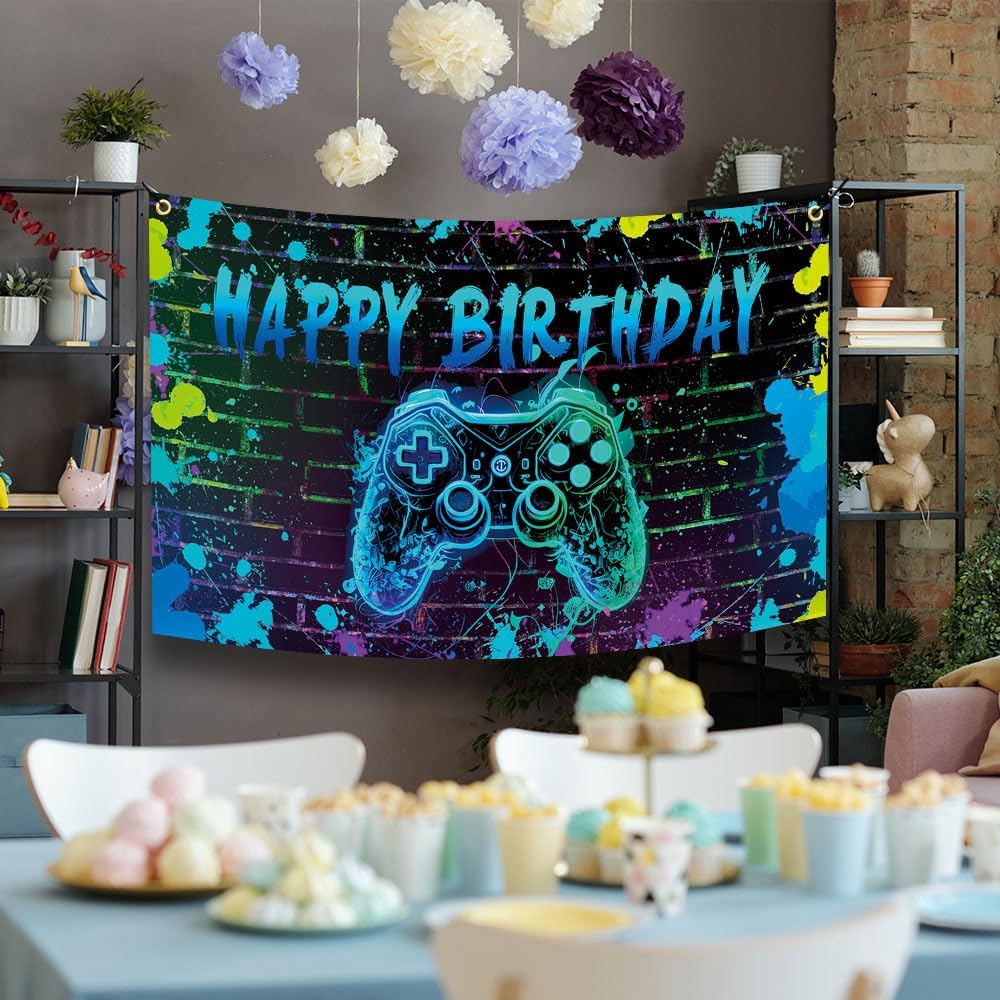Video Game Birthday Backdrop with Ropes 72x44 Inch