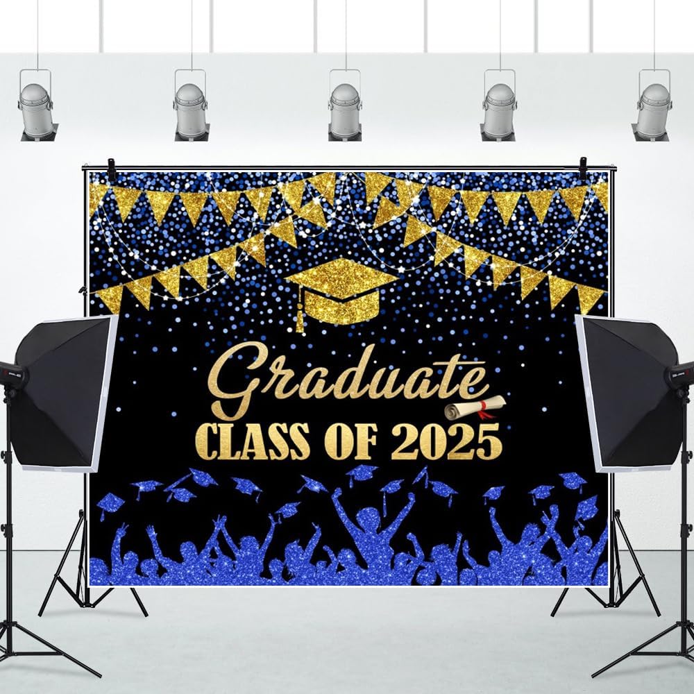 2025 Graduation Backdrop 10x8ft Blue Gold Glitter