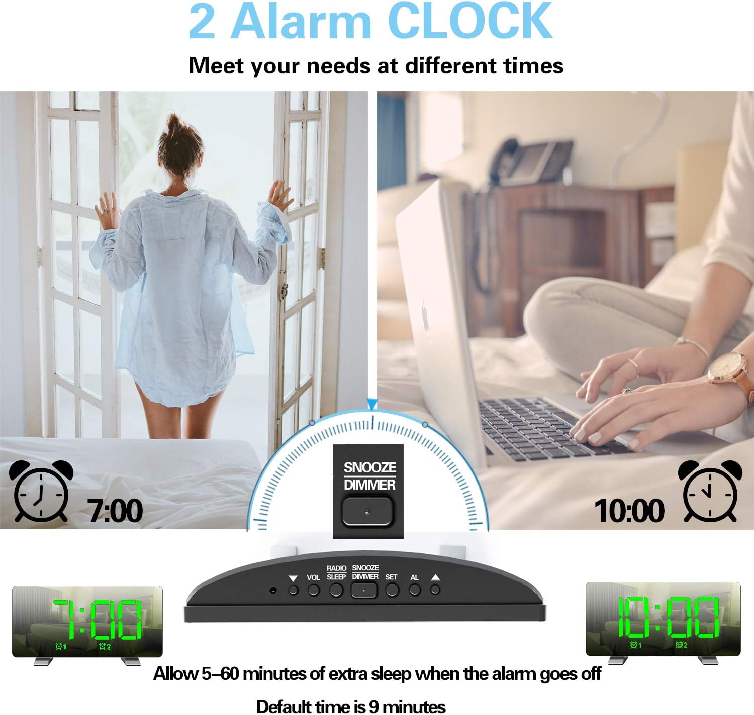 ThreeH Alarm Clock Radio with USB Charging and Adjustable Brightness