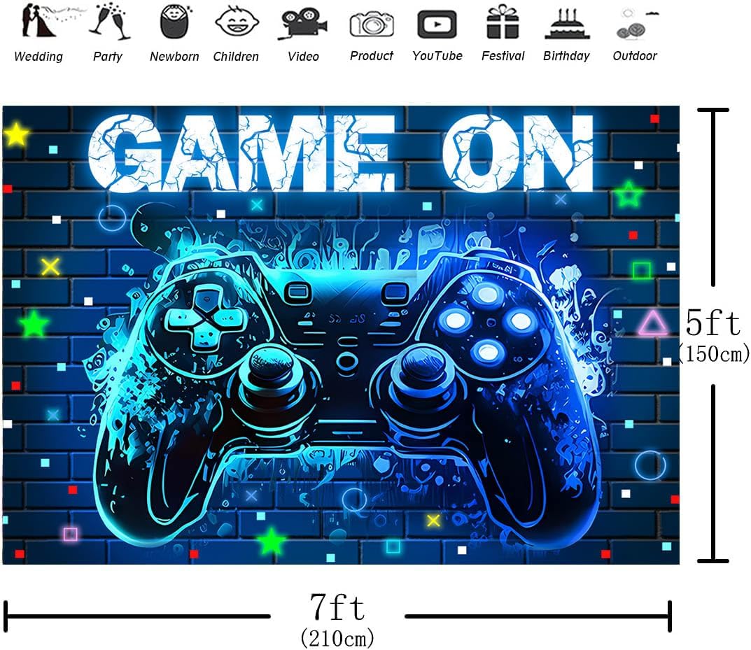 Video Game Party Backdrop with Blue Neon Glow