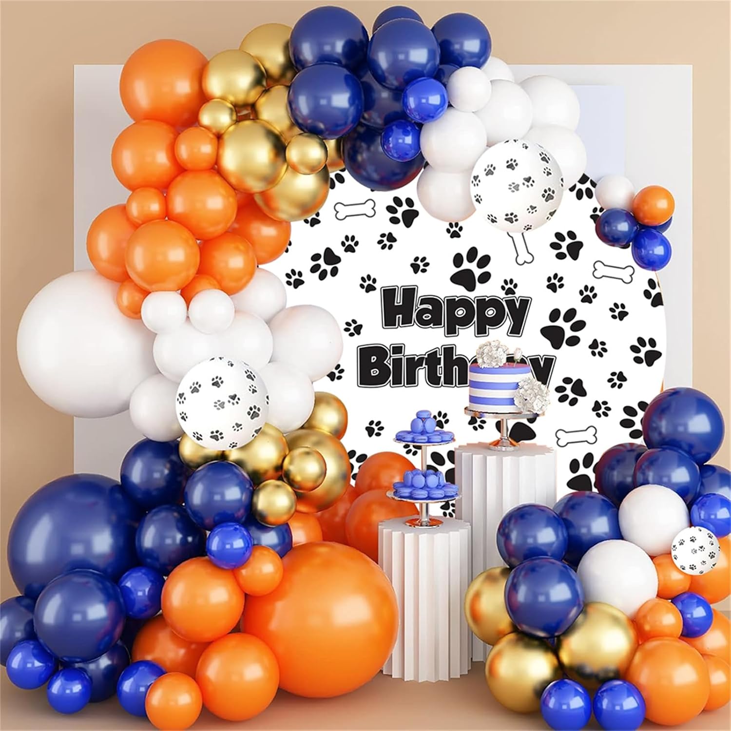 Renaiss 6x6ft Paw Prints Round Birthday Backdrop Cover