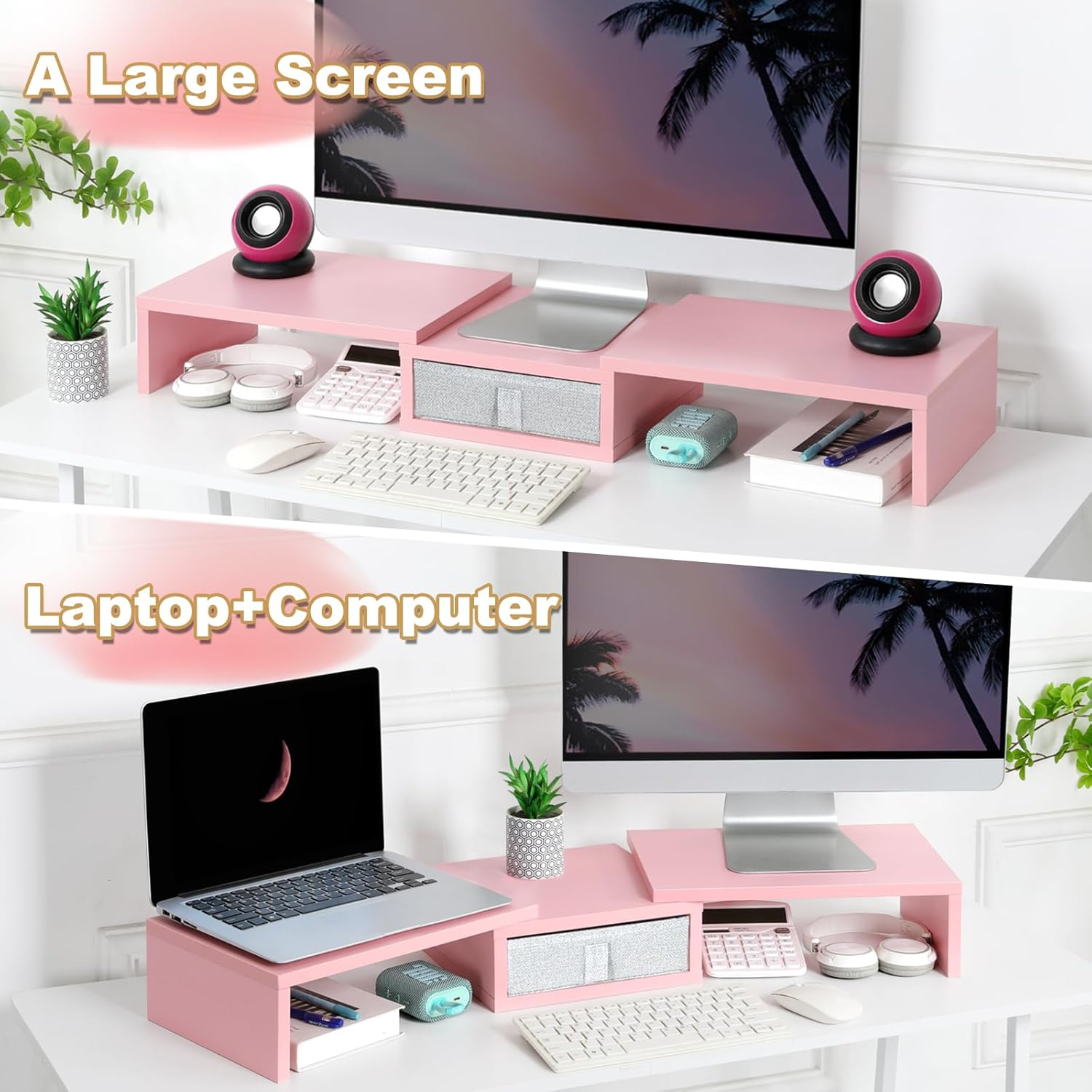 TEAMIX Pink Dual Monitor Stand Riser with Drawer