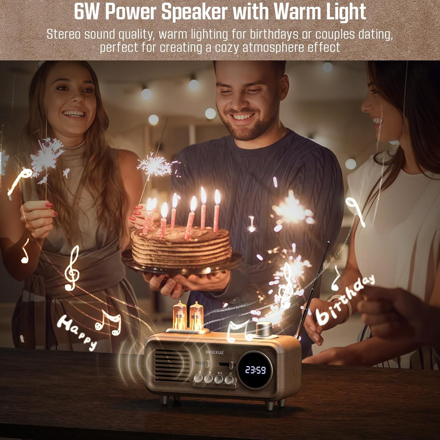 Retro Radios FM Portable Bluetooth Speaker with Night Light and Clock Display