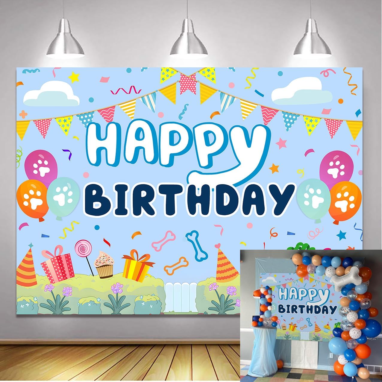 Blue Dog Cartoon Birthday Backdrop for Boys and Girls