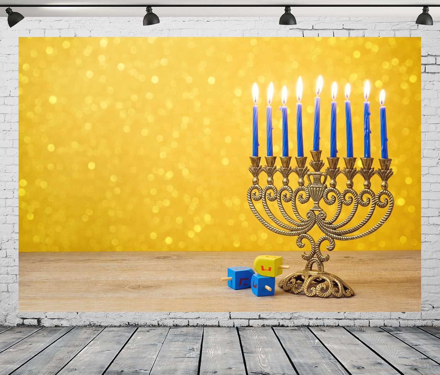 BELECO 8x6ft Hanukkah Photo Backdrop with Golden Glitter Bokeh Lights