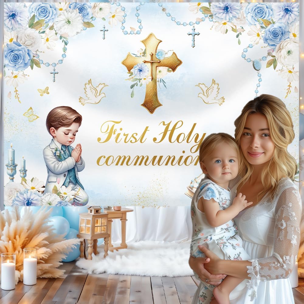 MEHOFOND 7x5ft First Holy Communion Backdrop with Blue Boy Design