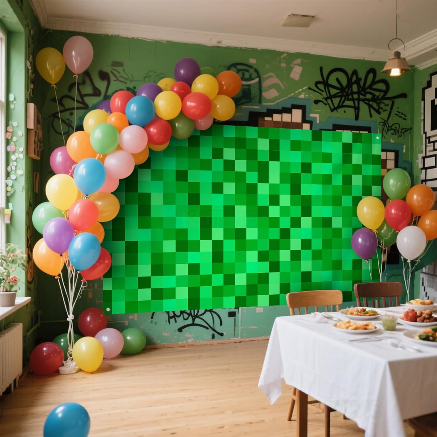 36x6ft Green Pixel Birthday Backdrop Gamer Party Decor