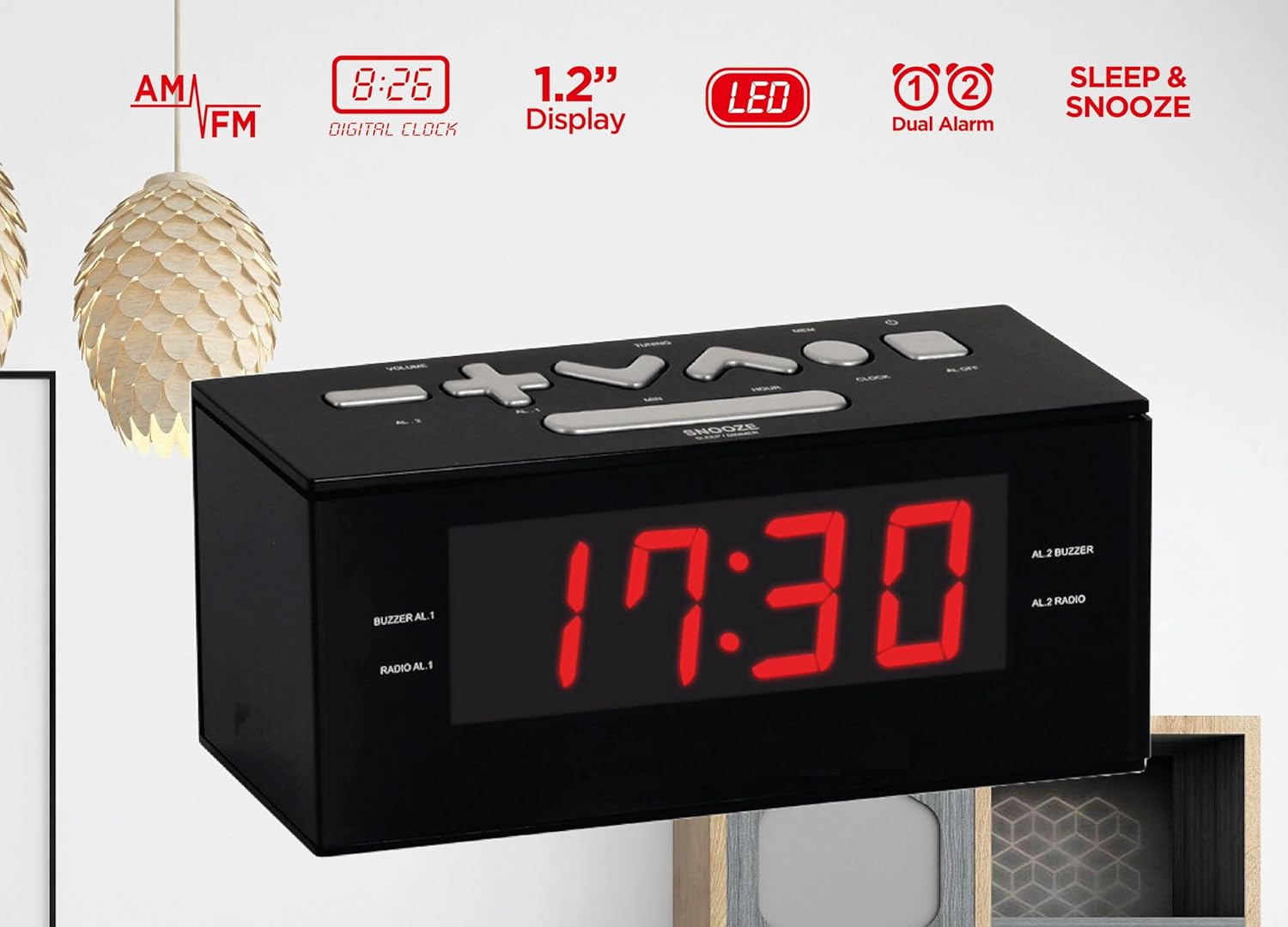 HANNLOMAX HX-144CR Alarm Clock Radio with LED Display and Dual Alarm