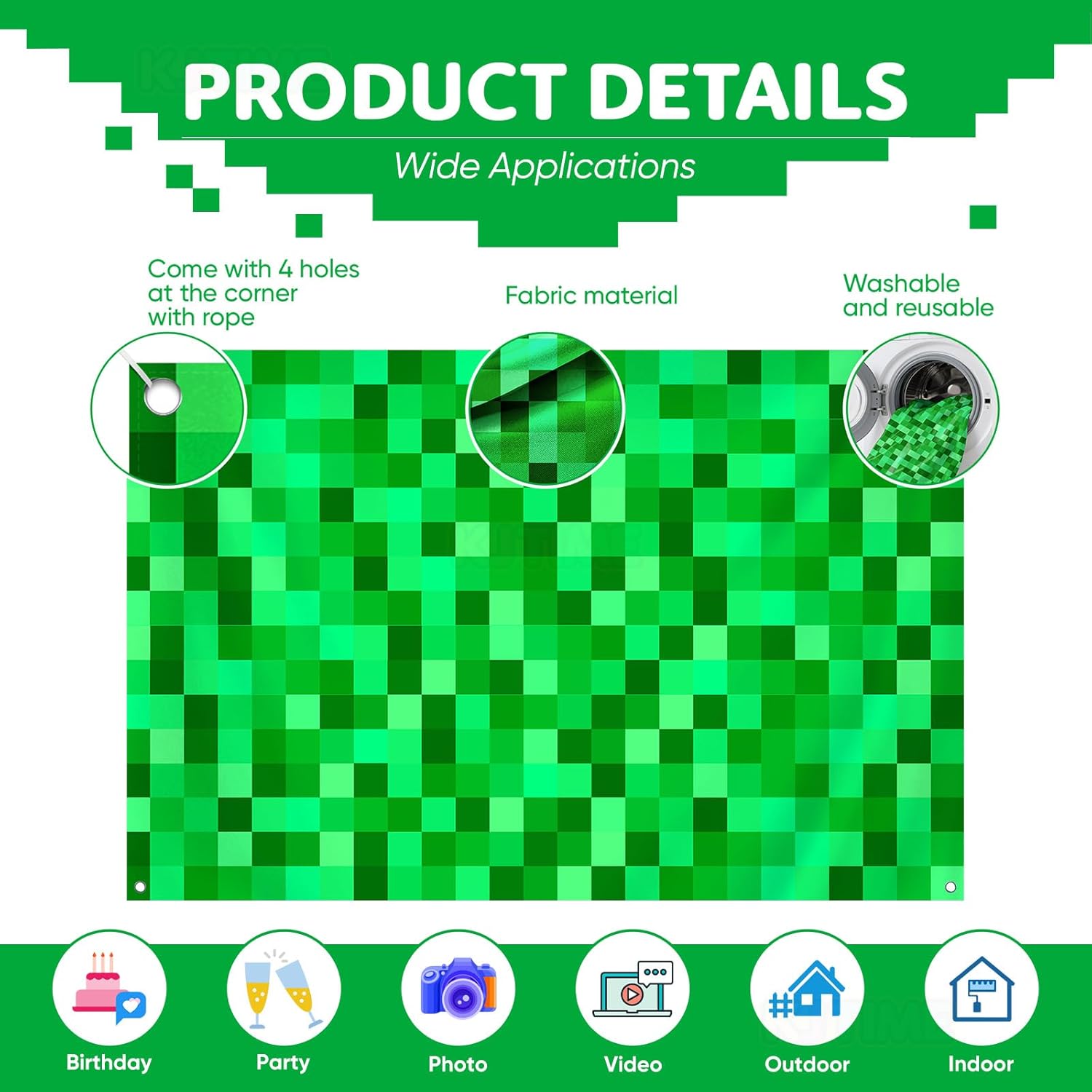 36x6ft Green Pixel Birthday Backdrop Gamer Party Decor