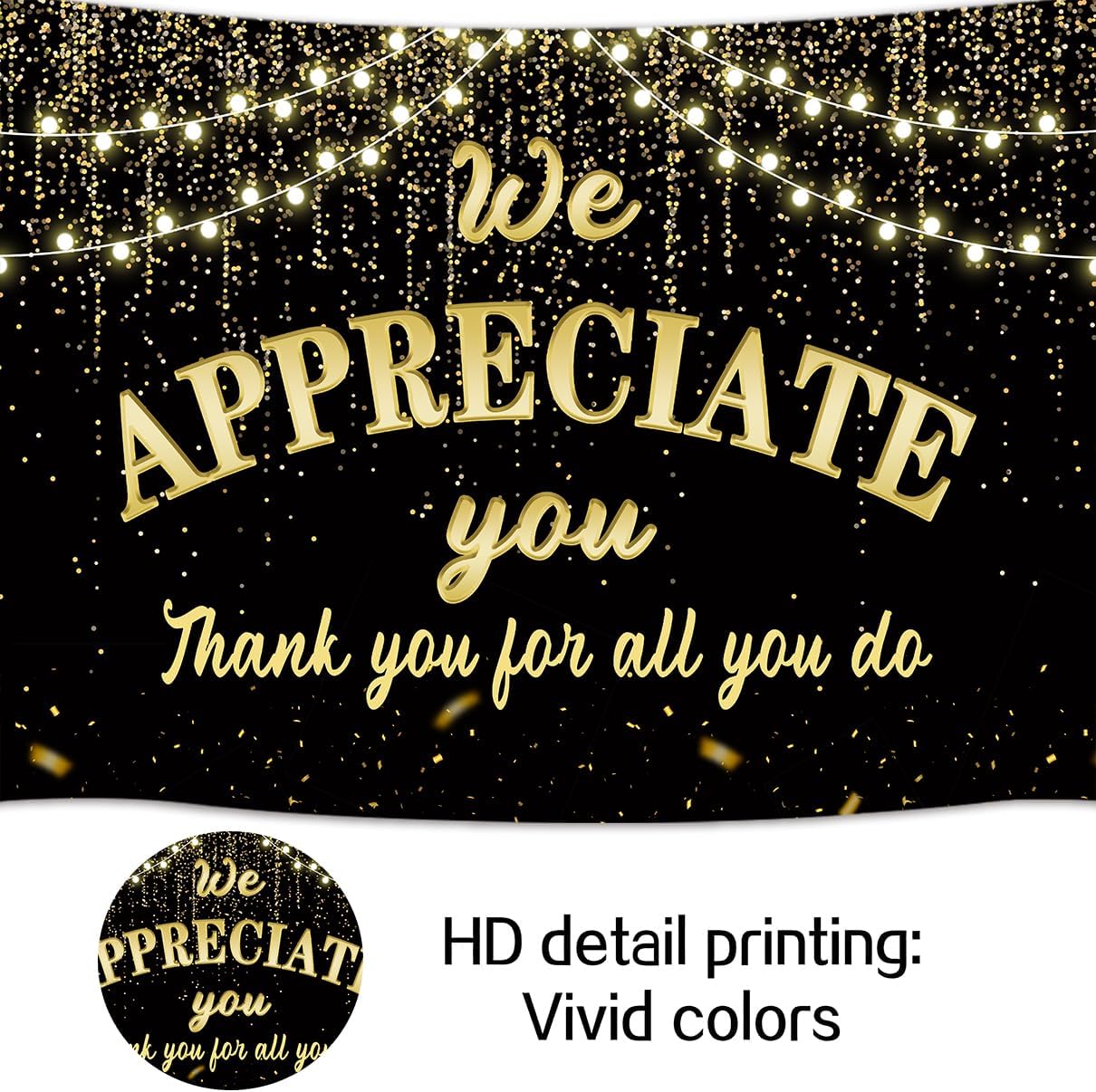 We Appreciate You Backdrop 10x8ft Black Golden Glitter Banner