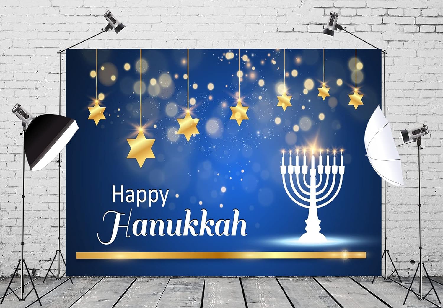 BELECO 5x3ft Hanukkah Photo Backdrop Blue with Golden Stars