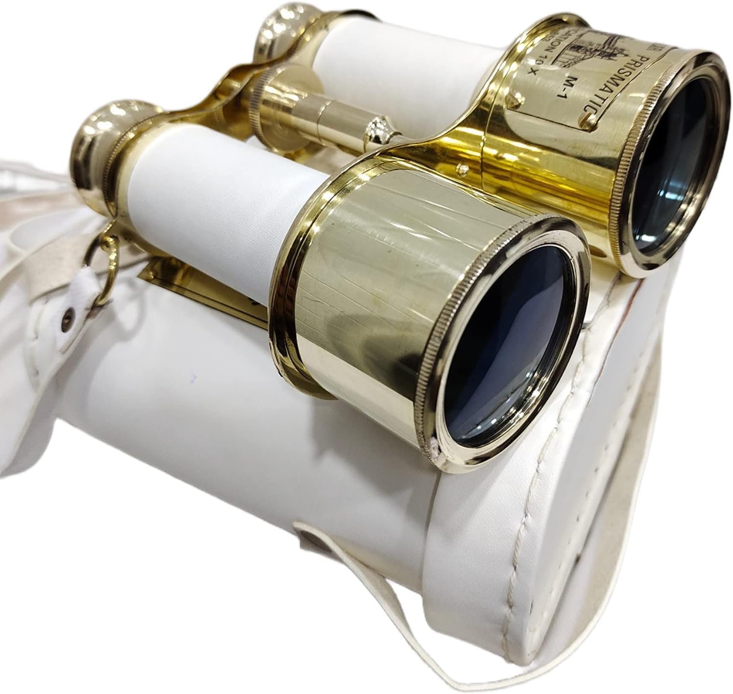 Shiny Brass Binocular with White Leather Case