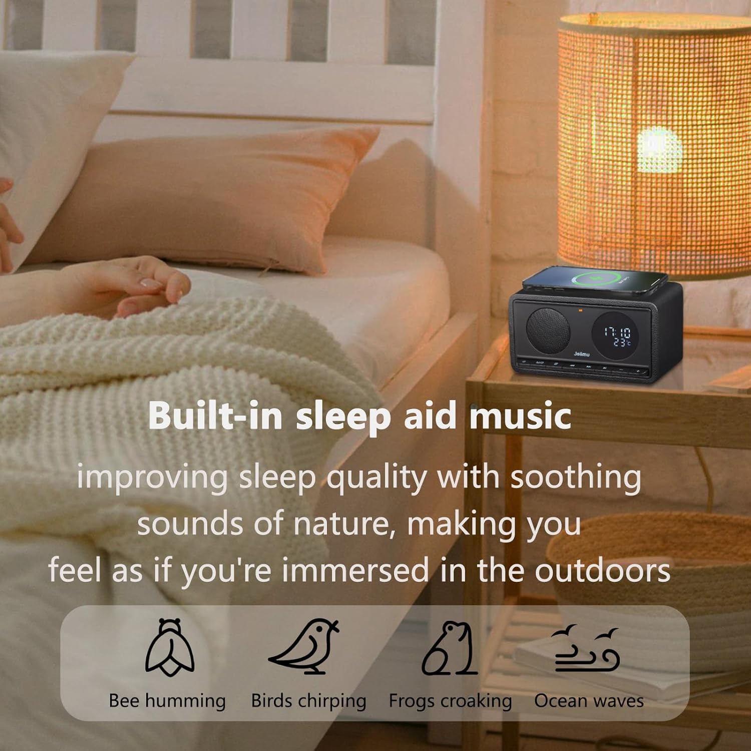 Bluetooth Speaker with Alarm Clock FM Radio Wireless Charger Thermometer Wooden Design