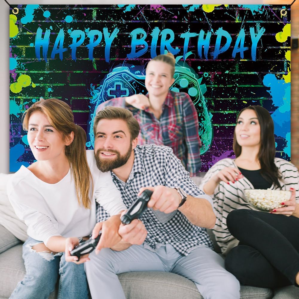 Video Game Birthday Backdrop with Ropes 72x44 Inch