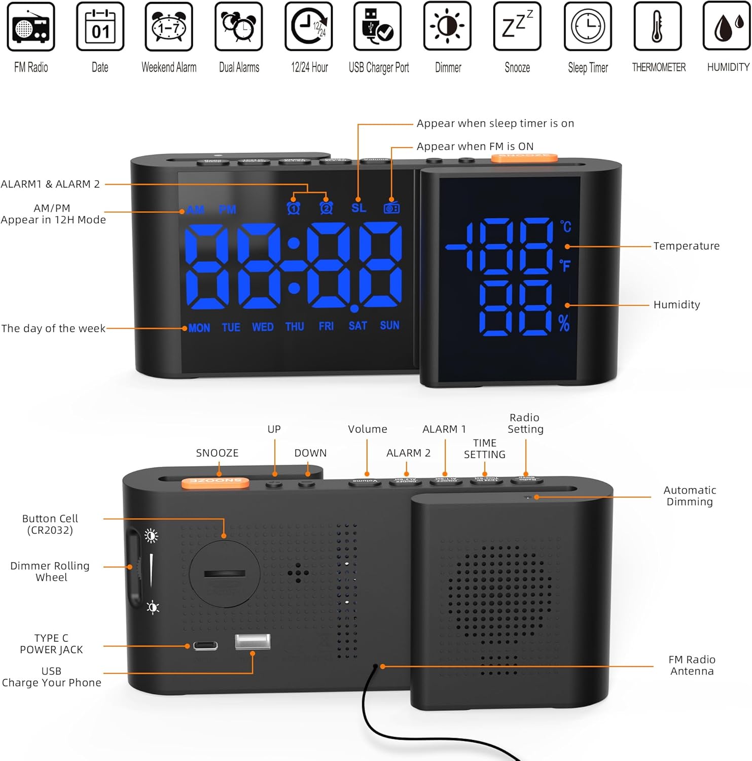 Vauno Alarm Clock Radio with USB Port and Bright Display