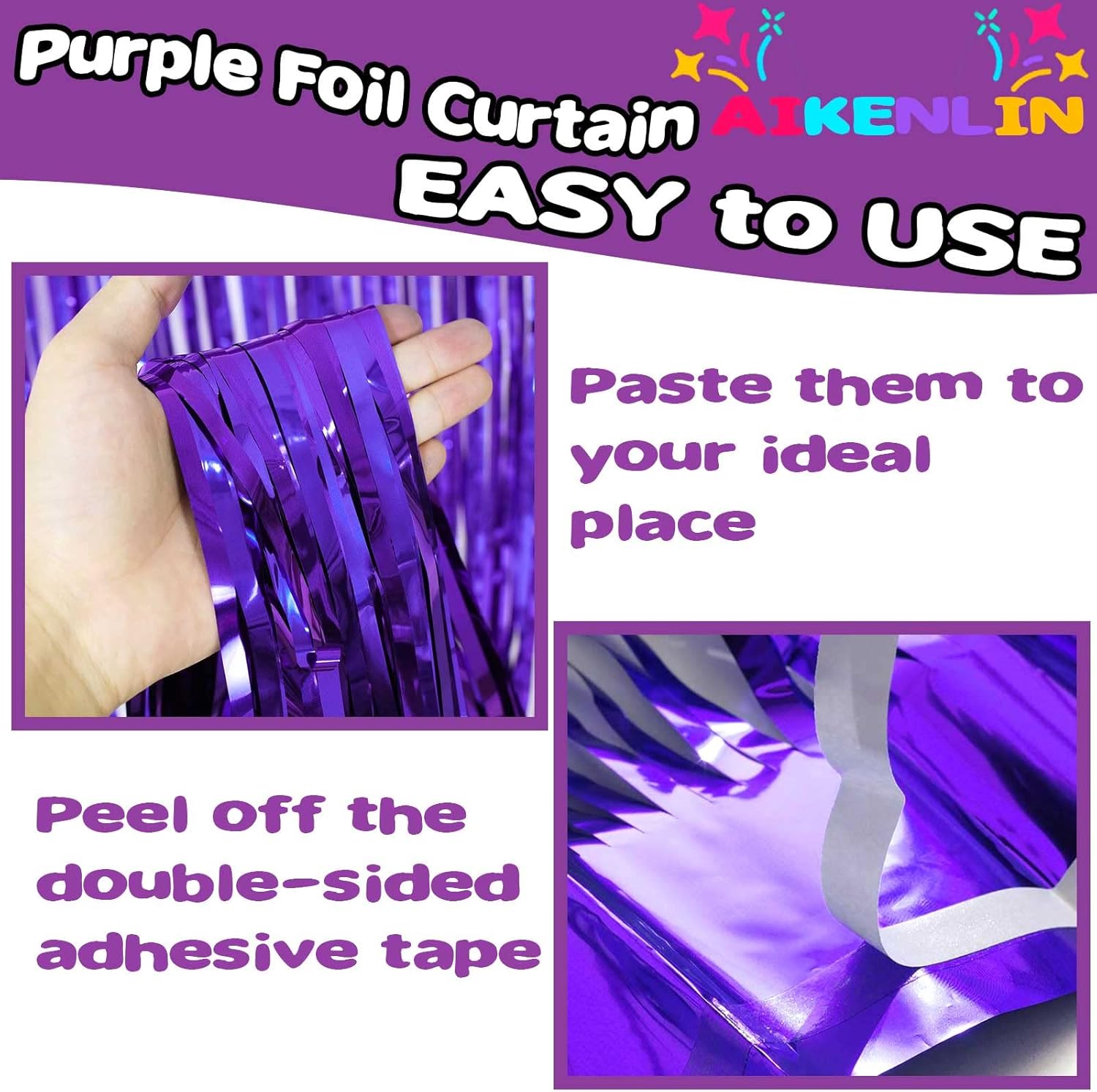 4 Pack Purple Foil Fringe Curtains for Party Backdrops