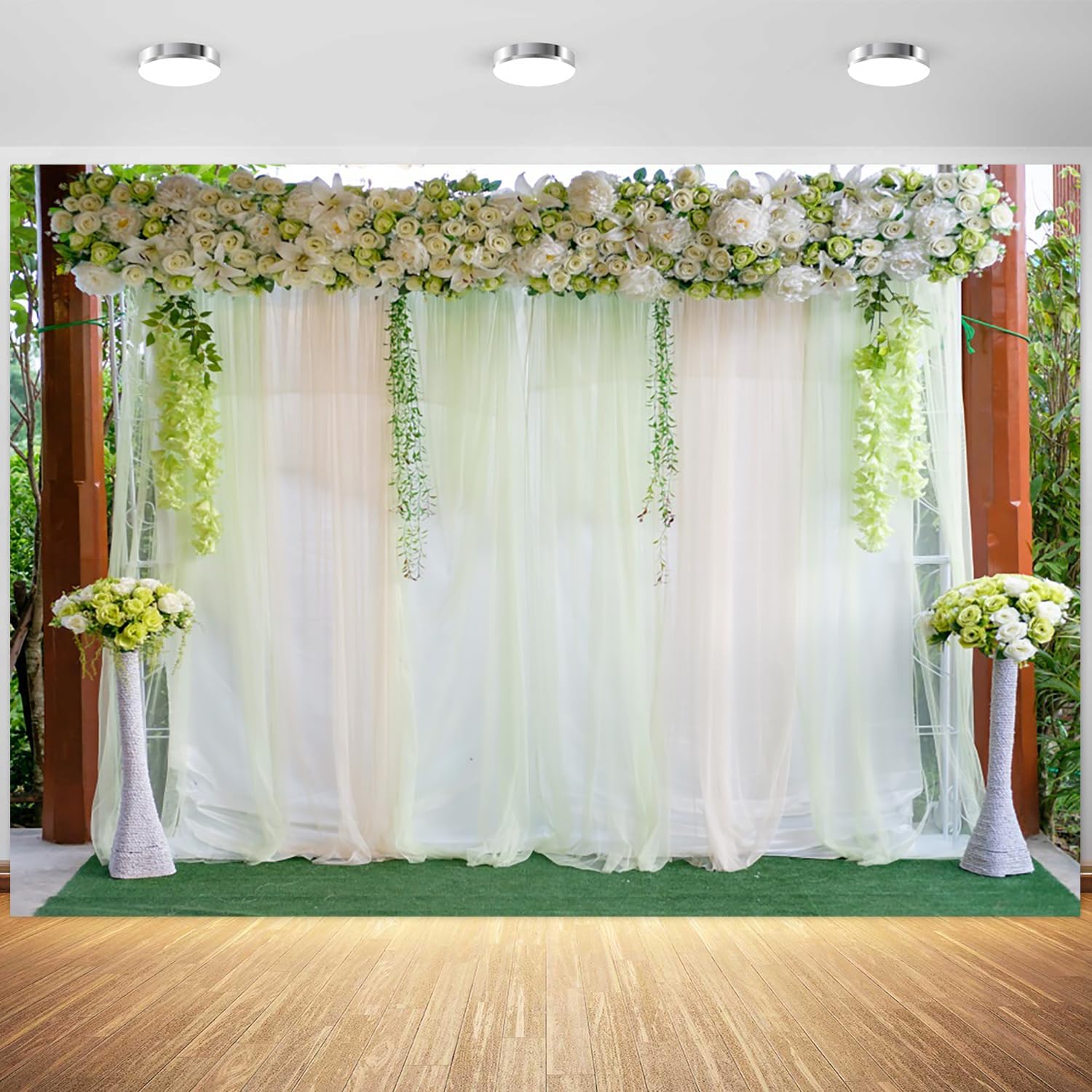 10x8ft White Flowers Green Leaves Wedding Backdrop