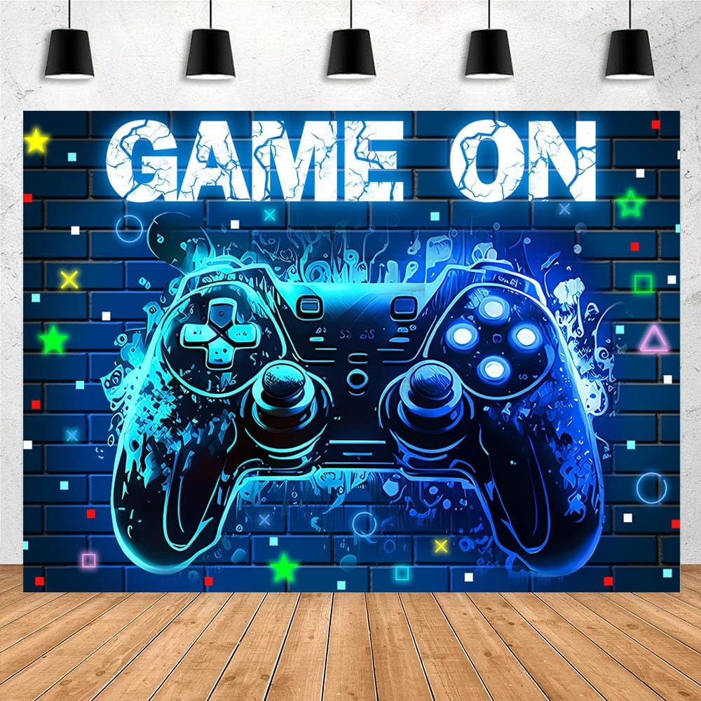 Video Game Party Backdrop with Blue Neon Glow