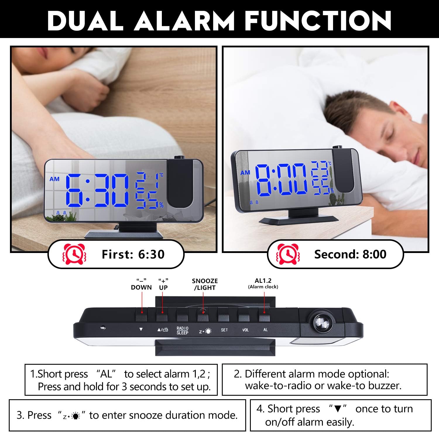 ThreeH Projection Alarm Clock with 4 Dimmer and 180 Degree Rotation