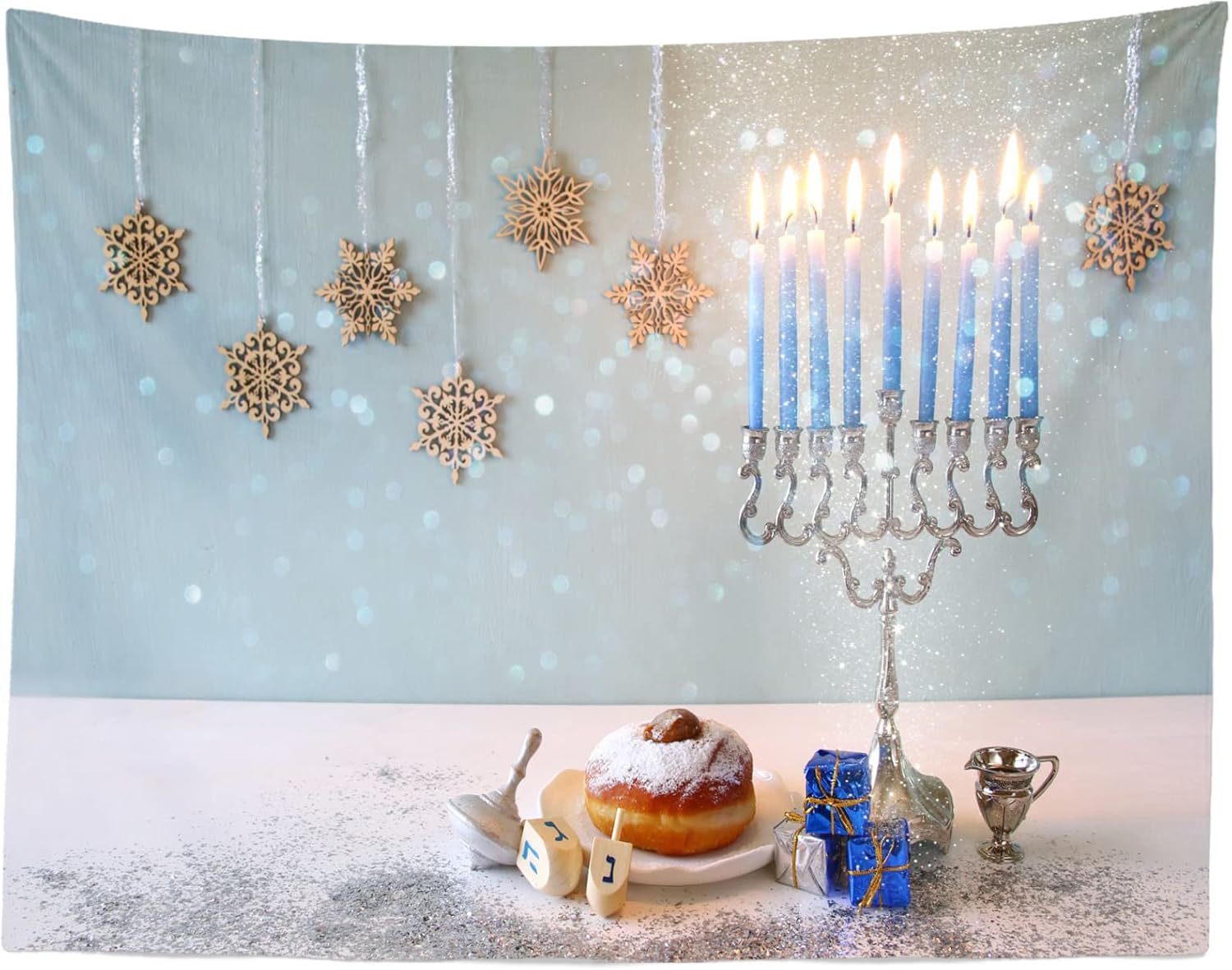 BELECO 8x6ft Hanukkah Backdrop with Silver Glitter Bokeh Lights
