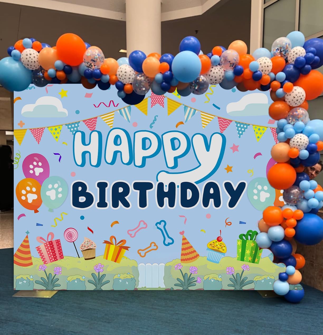 Blue Dog Cartoon Birthday Backdrop for Boys and Girls