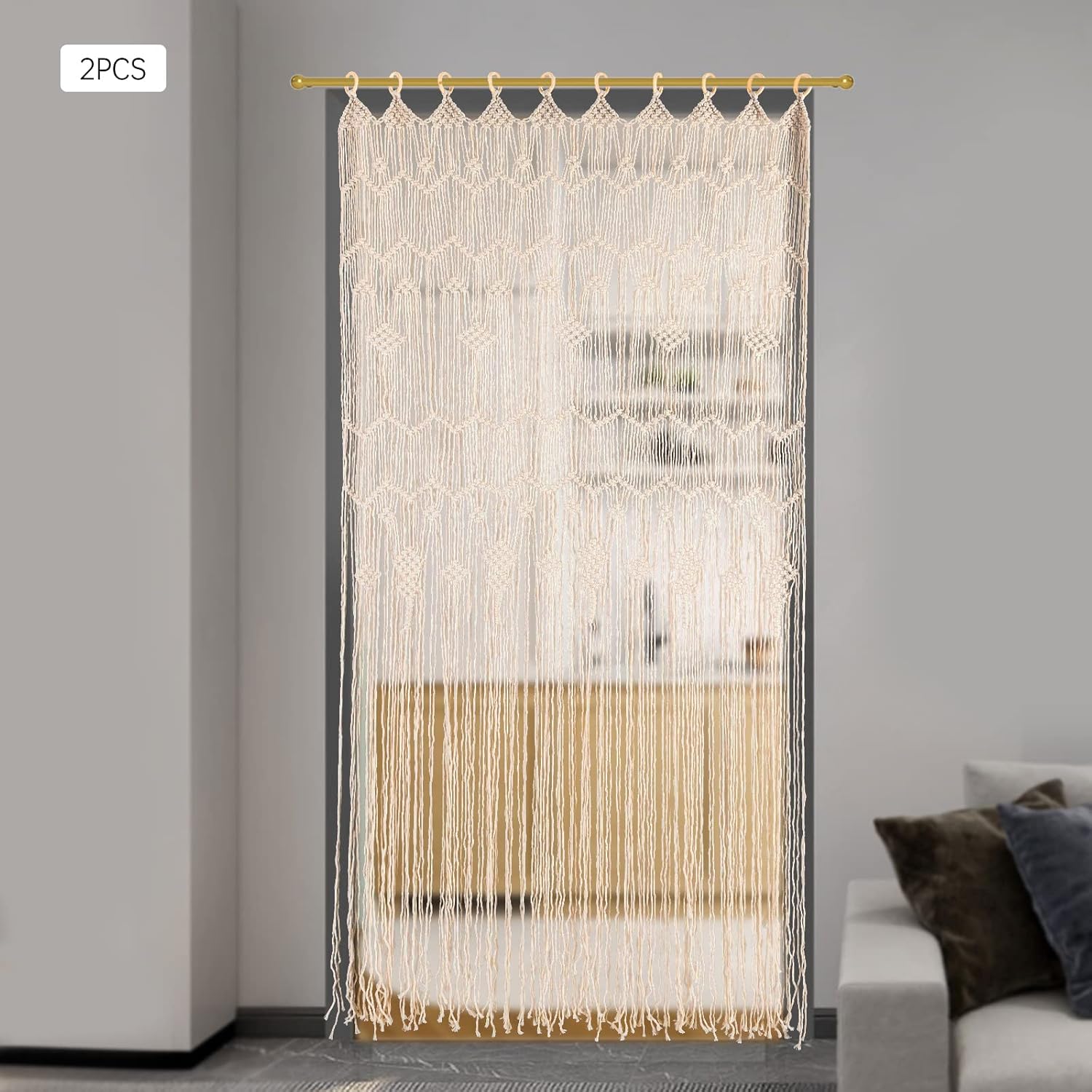 Macrame Door Curtains 2 Pcs Beige Tassel Boho Decor