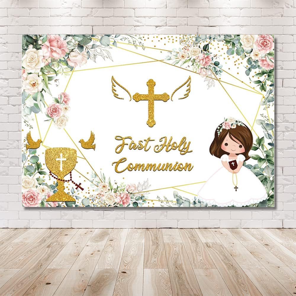 MEHOFOND Pink Floral First Holy Communion Backdrop 7x5ft