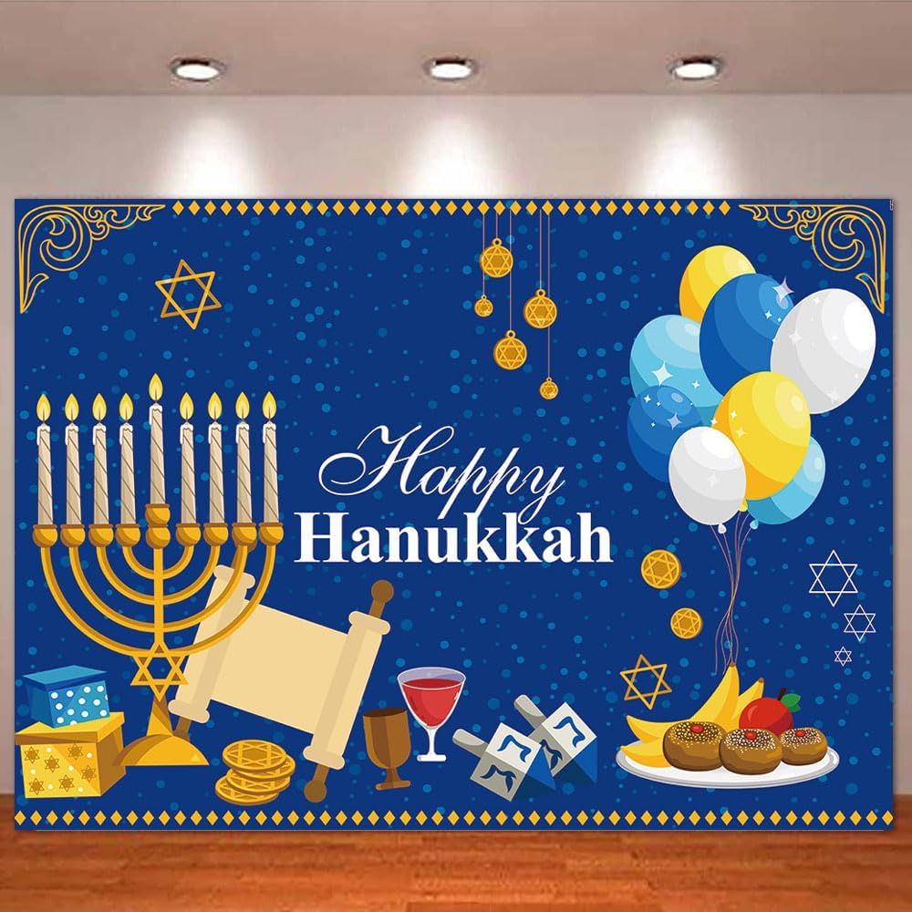 7x5FT Hanukkah Party Background with Blue Gold Design