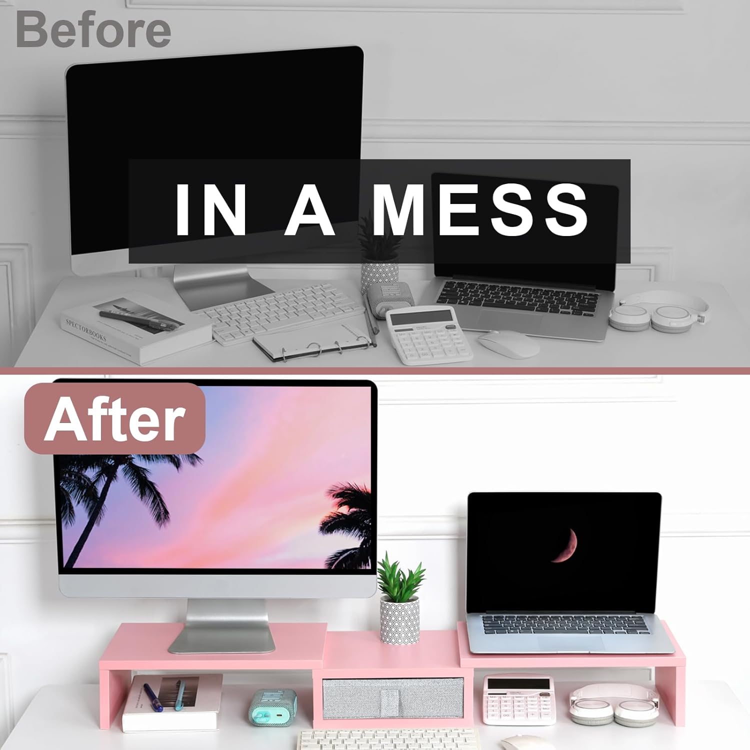 TEAMIX Pink Dual Monitor Stand Riser with Drawer