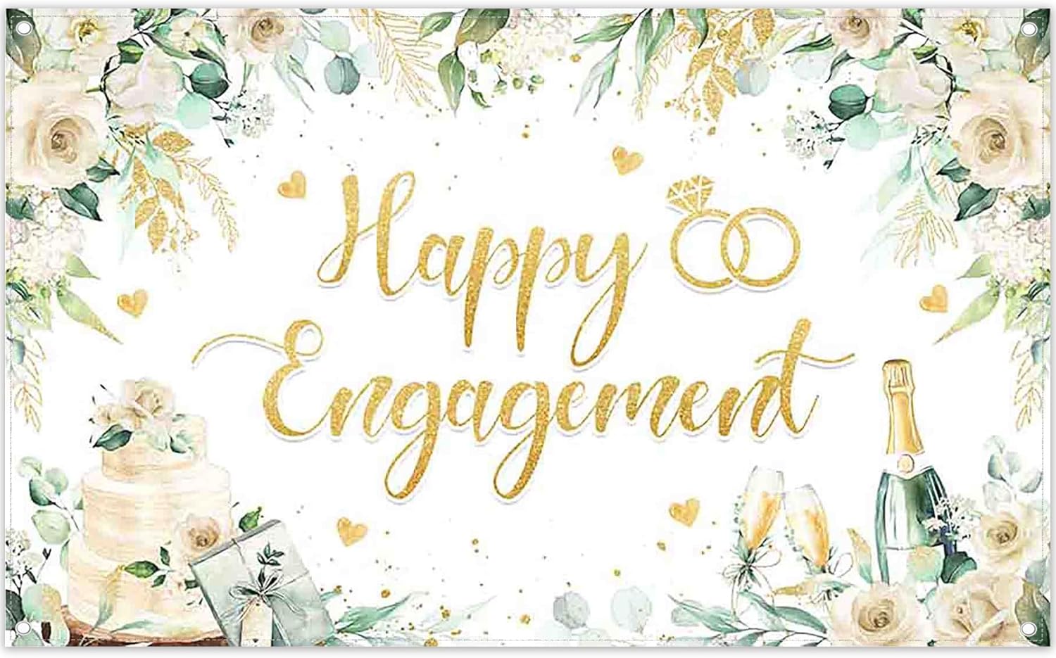 Happy Engagement Backdrop 72x43inch Green Leaves Rose Diamond