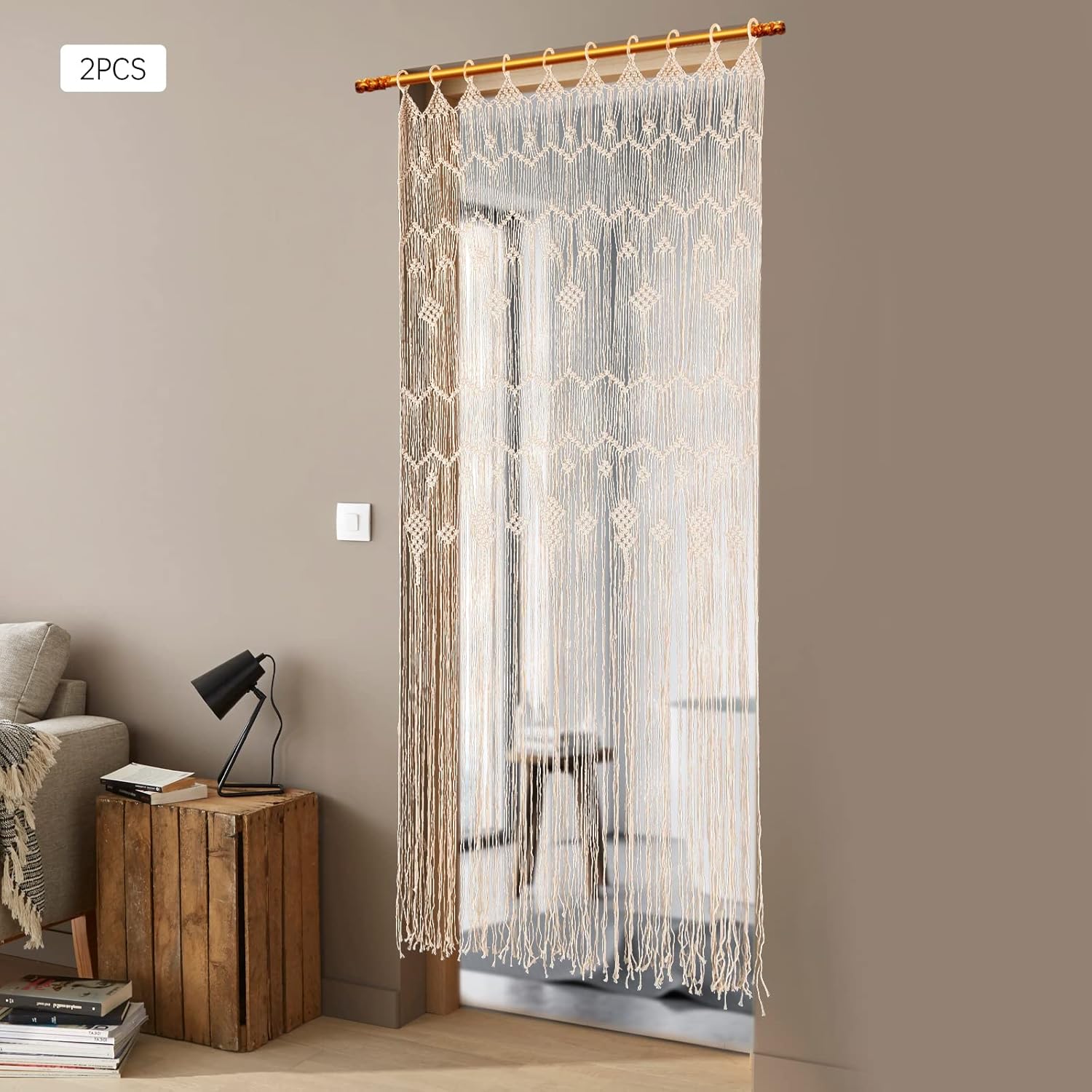 Macrame Door Curtains 2 Pcs Beige Tassel Boho Decor