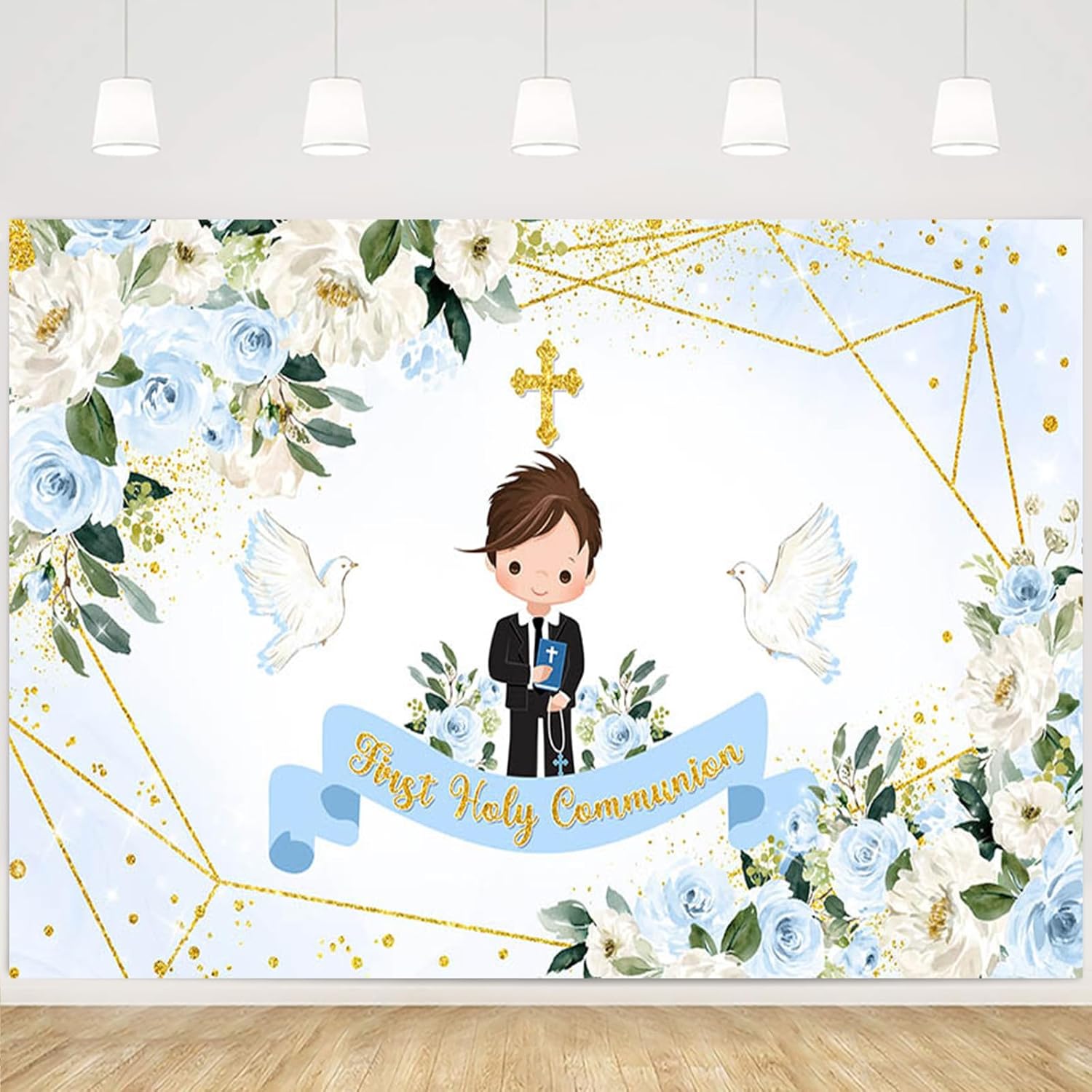 MEHOFOND First Holy Communion Photo Backdrop 7x5ft Blue Floral