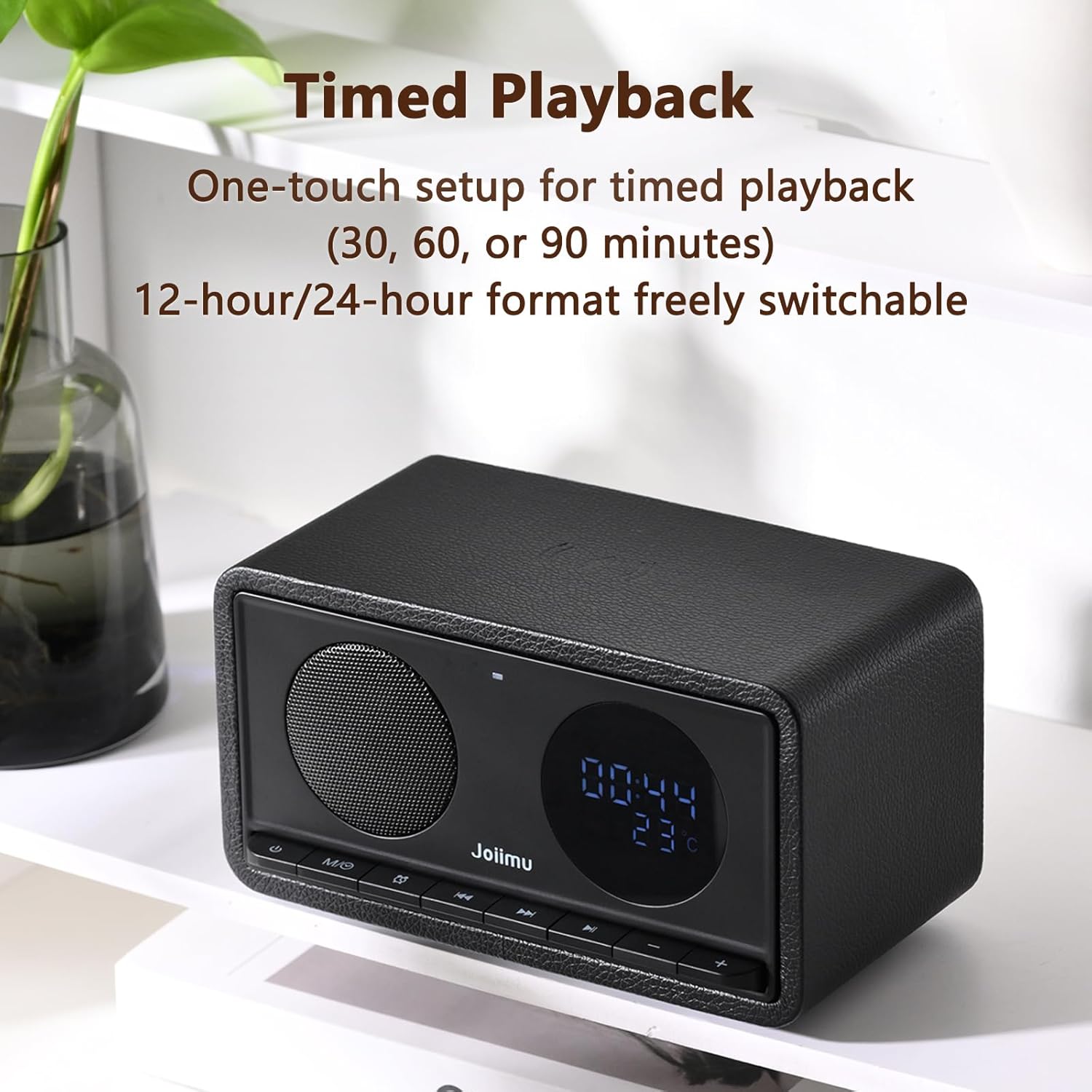 Bluetooth Speaker with Alarm Clock FM Radio Wireless Charger Thermometer Wooden Design