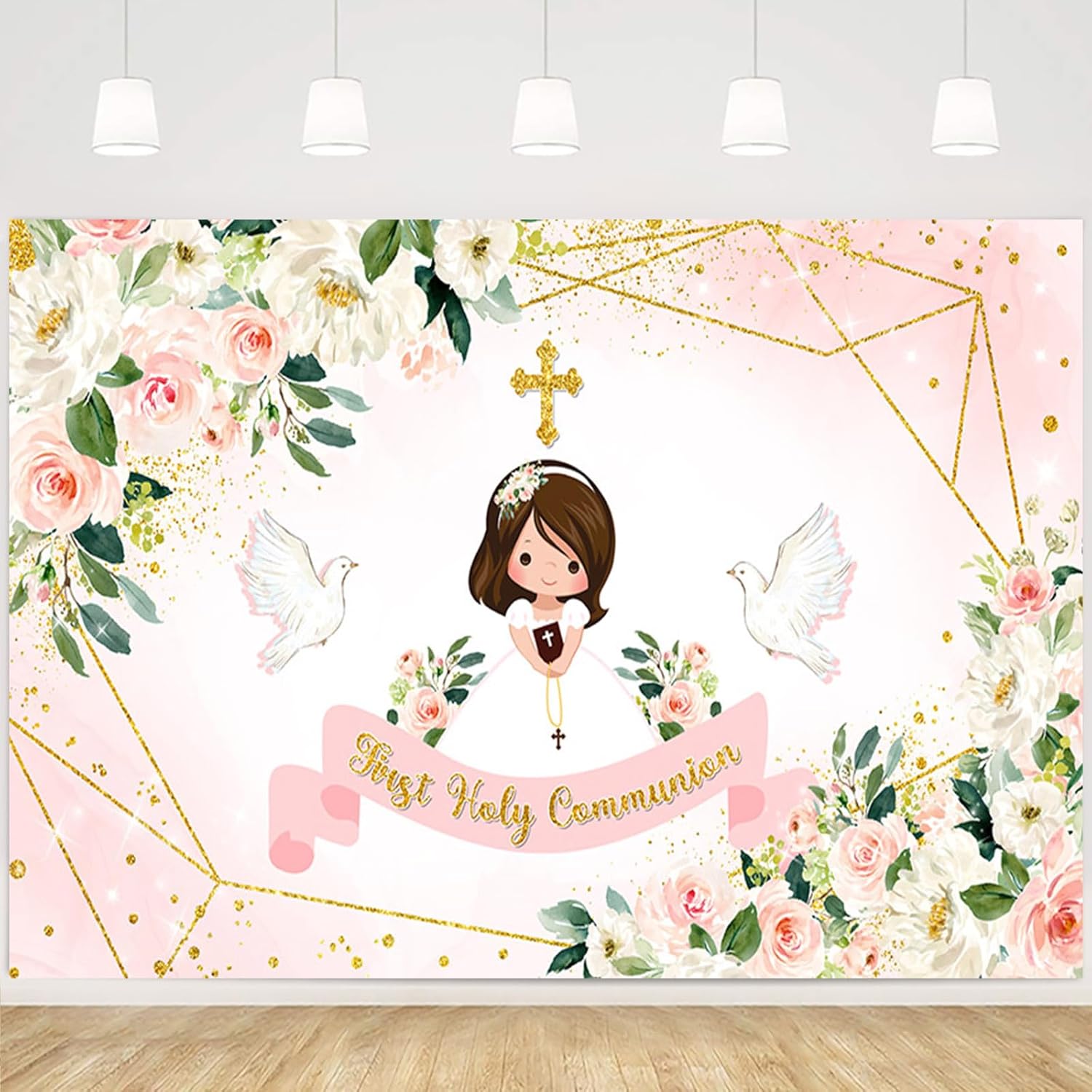 MEHOFOND Holy Communion Backdrop Pink Floral Photo Studio Background