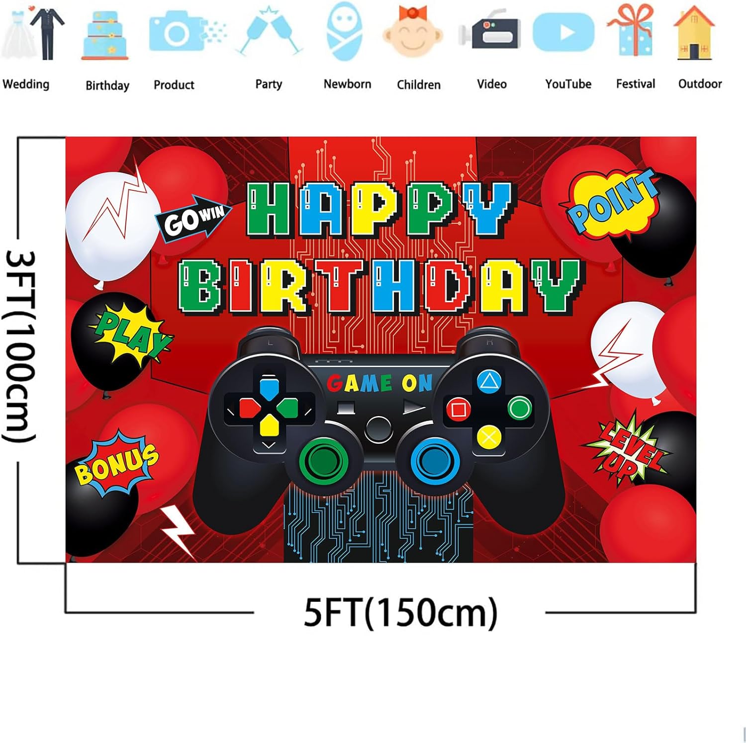 Video Game Birthday Party Backdrop Banner 5x3ft Foldable Gaming Theme