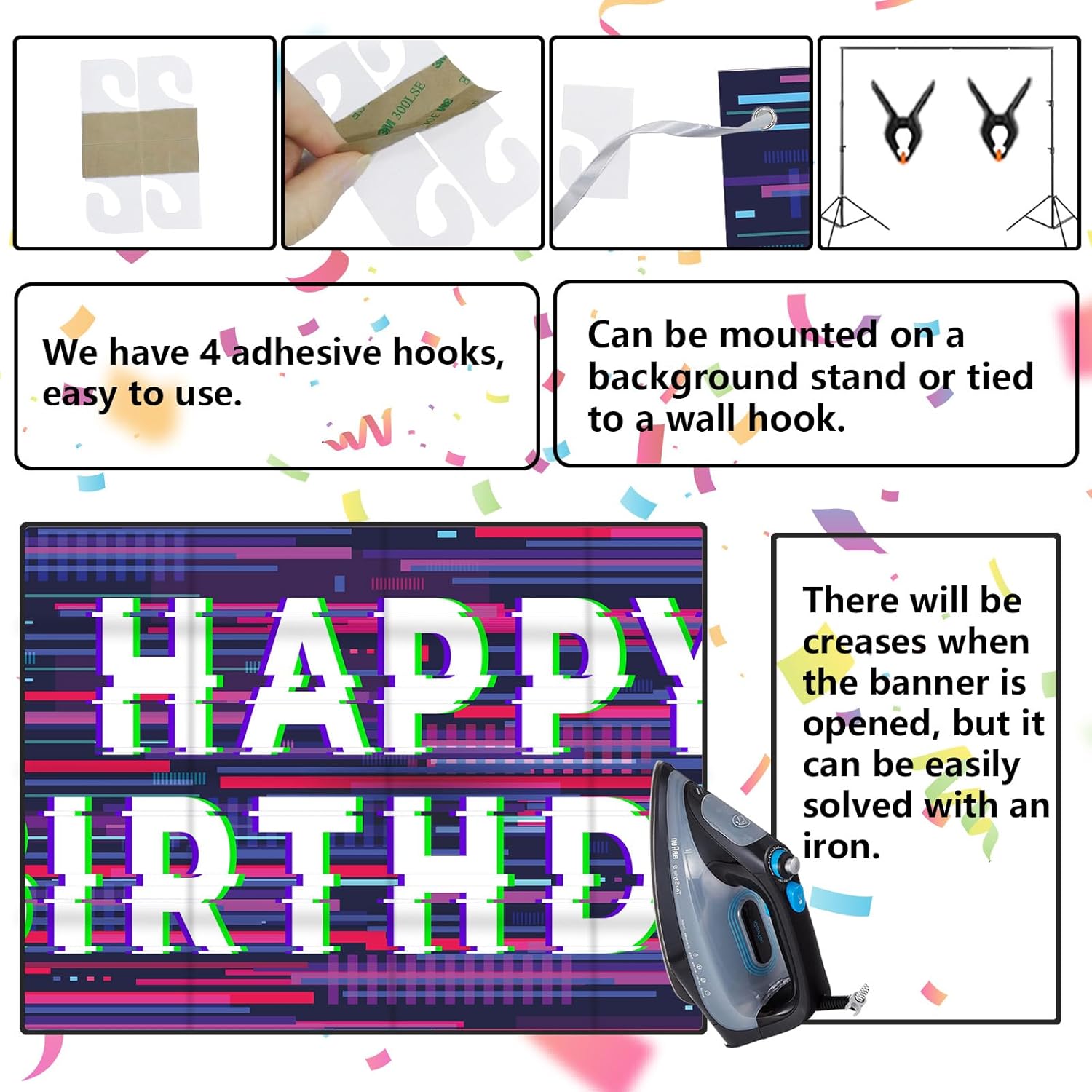 Pixel Art Birthday Holographic Banner Decor