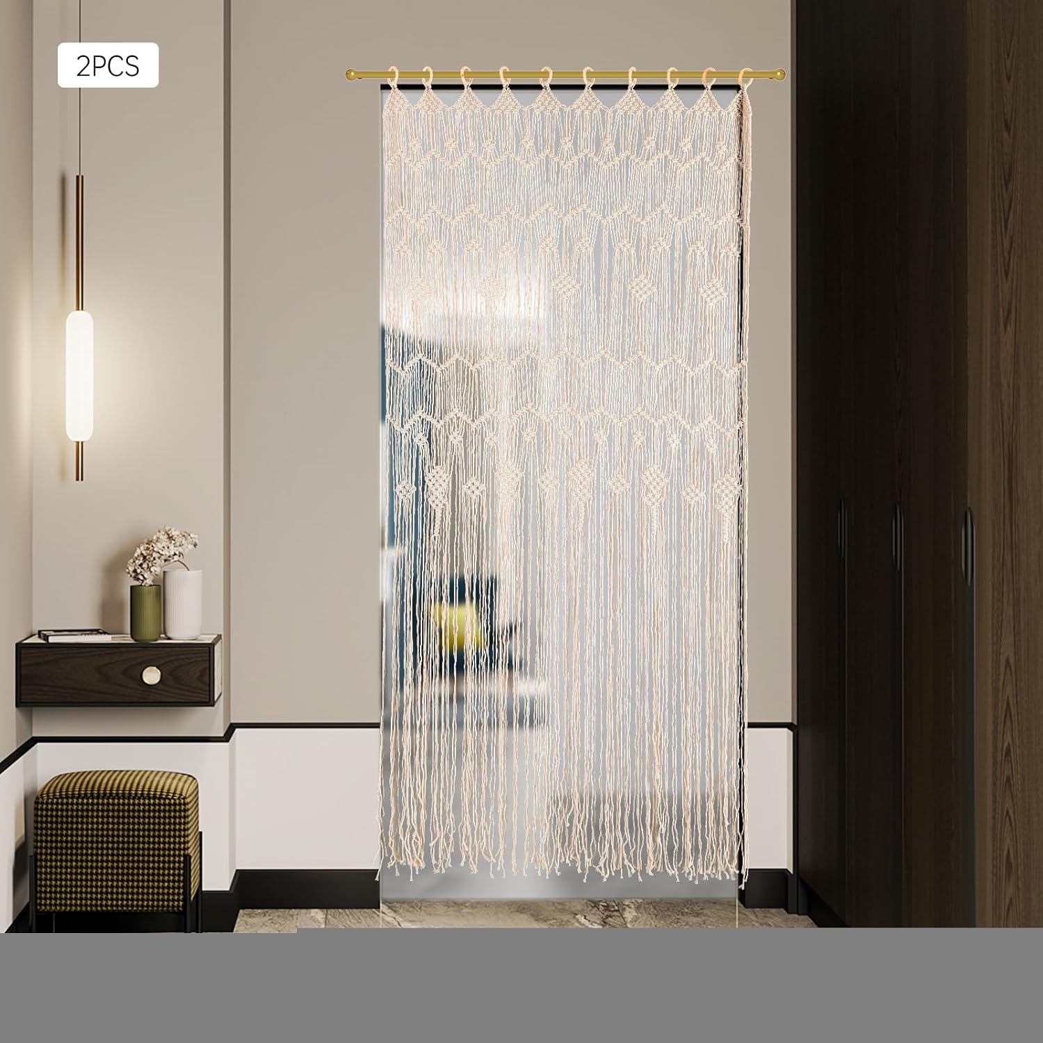 Macrame Door Curtains 2 Pcs Beige Tassel Boho Decor