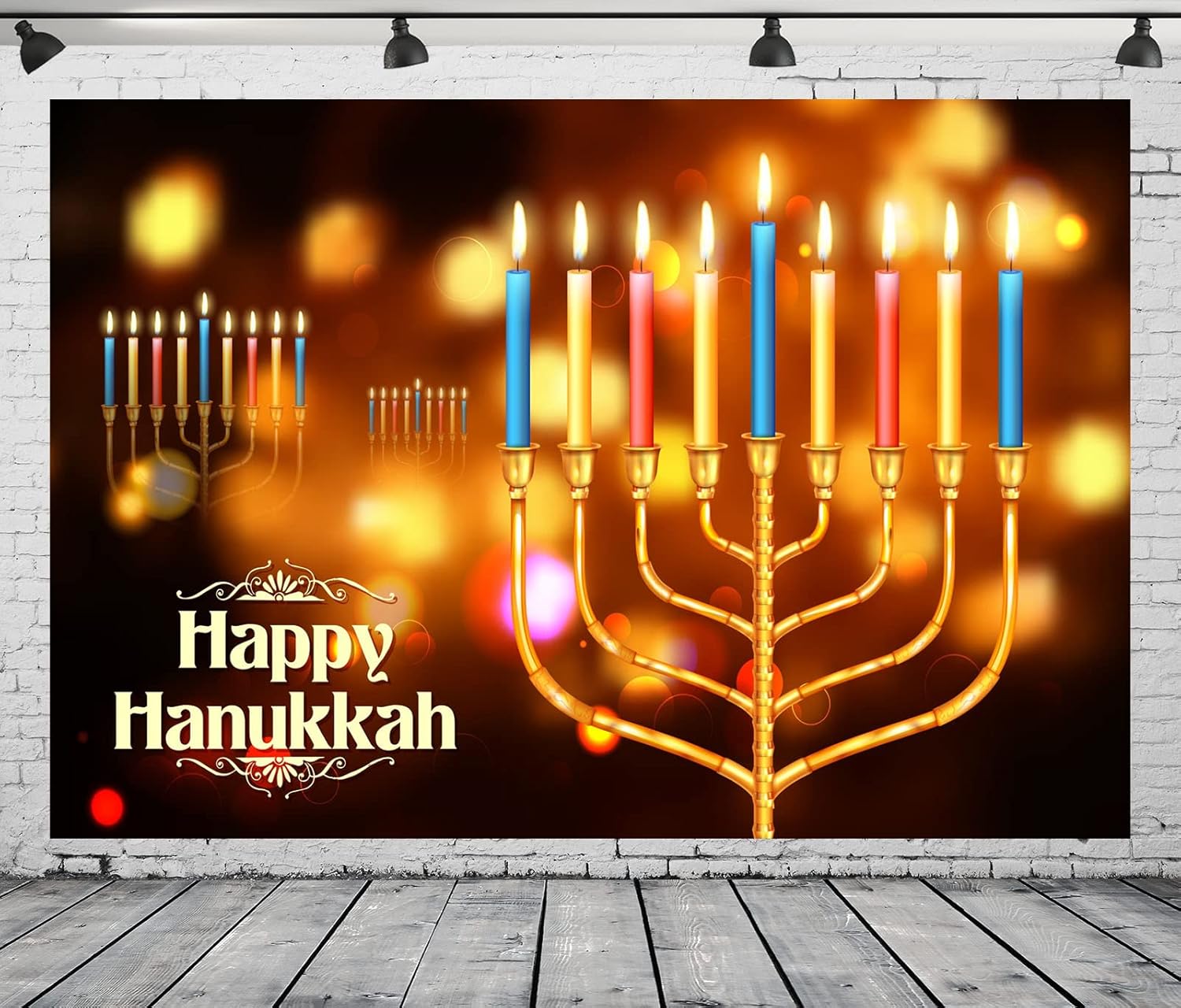 BELECO 8x6ft Hanukkah Photo Backdrop with Golden Glitter and Bokeh Lights