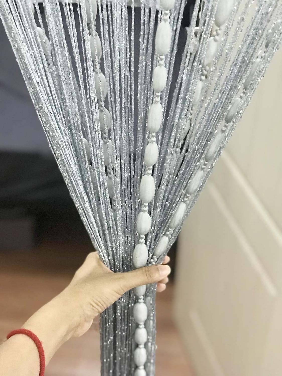 Eyotool Door String Curtain with Shaggy Tassel Room Divider 39x79 Silver Ribbon