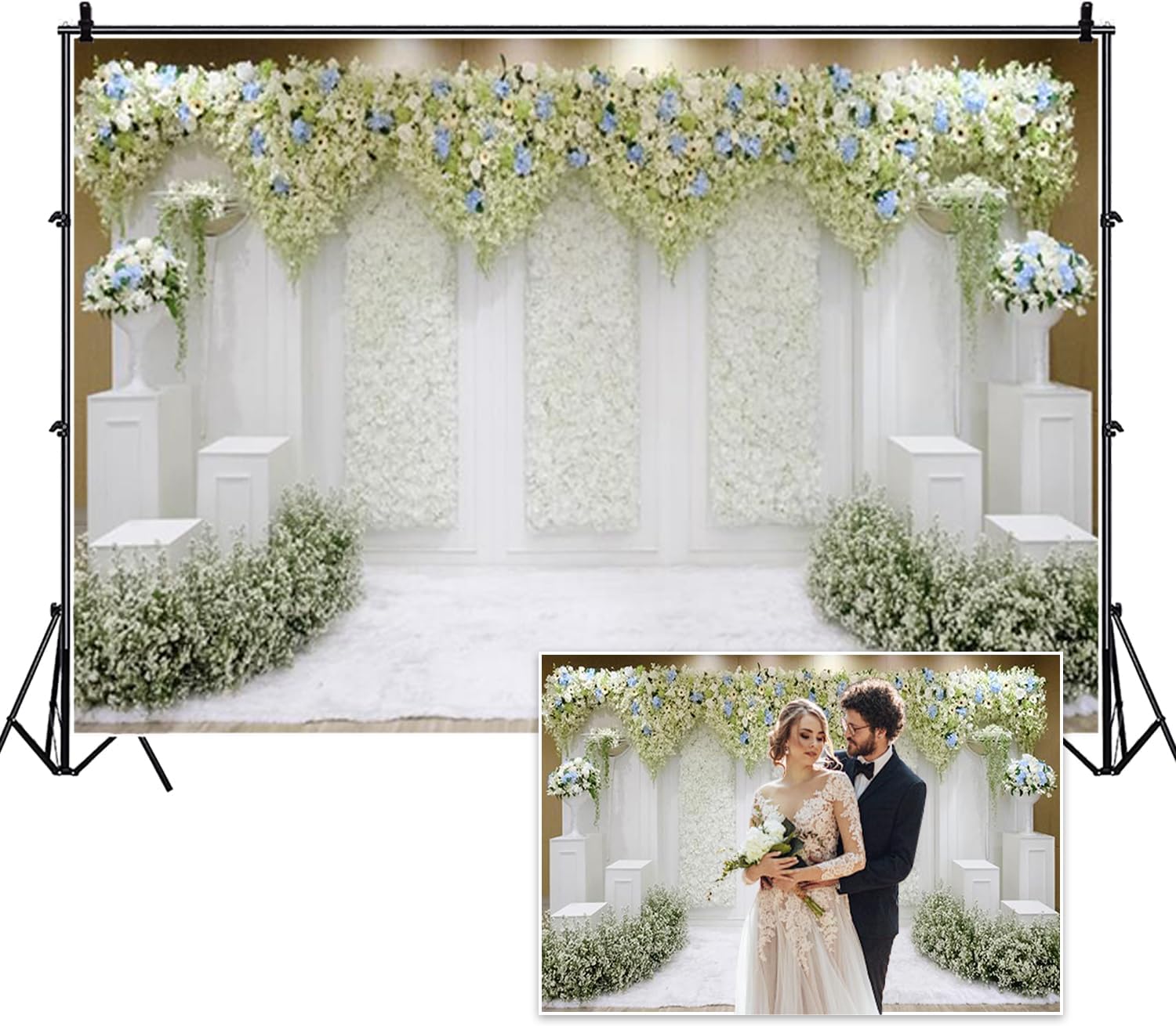 8x6ft White Green Floral Wedding Backdrop for Photography