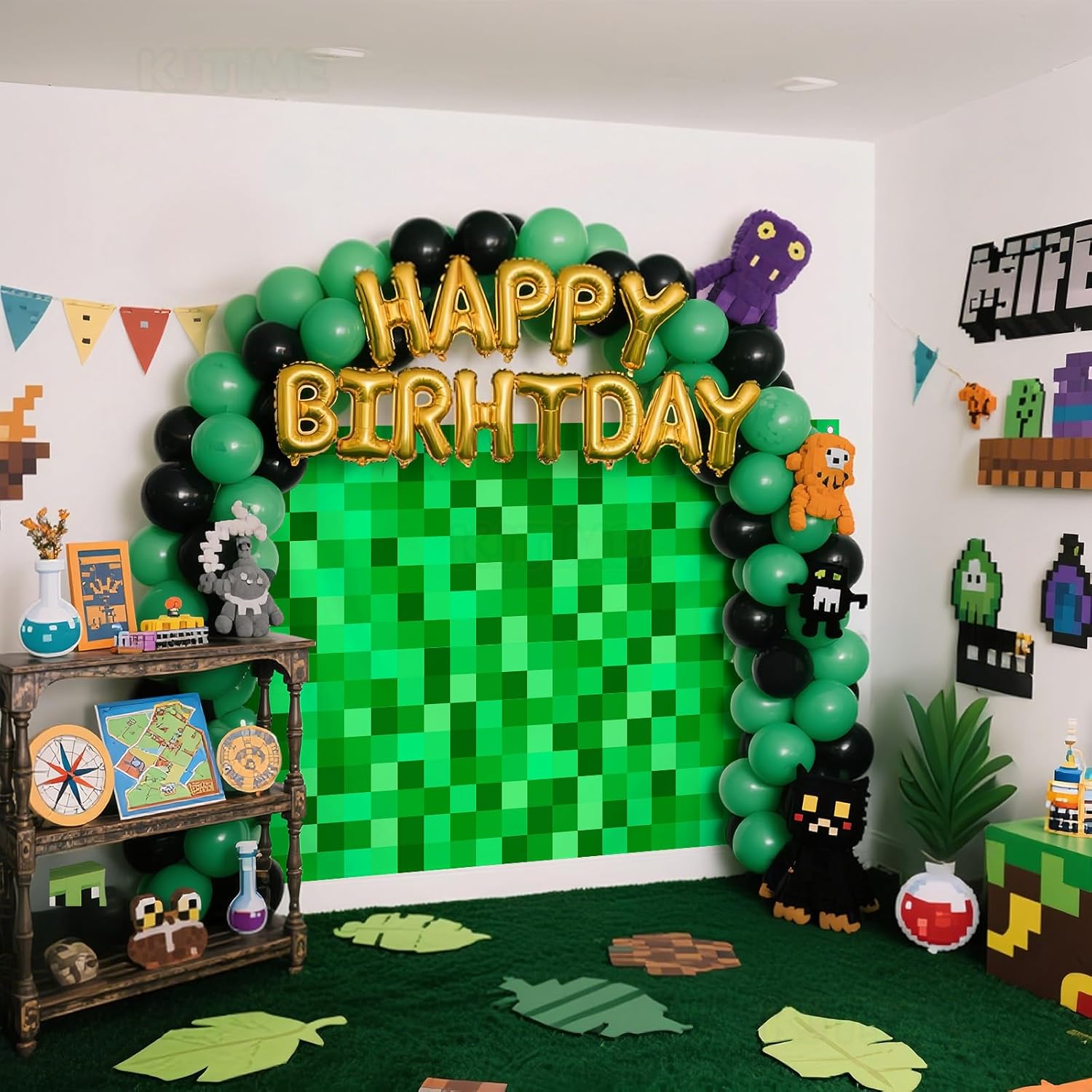 36x6ft Green Pixel Birthday Backdrop Gamer Party Decor